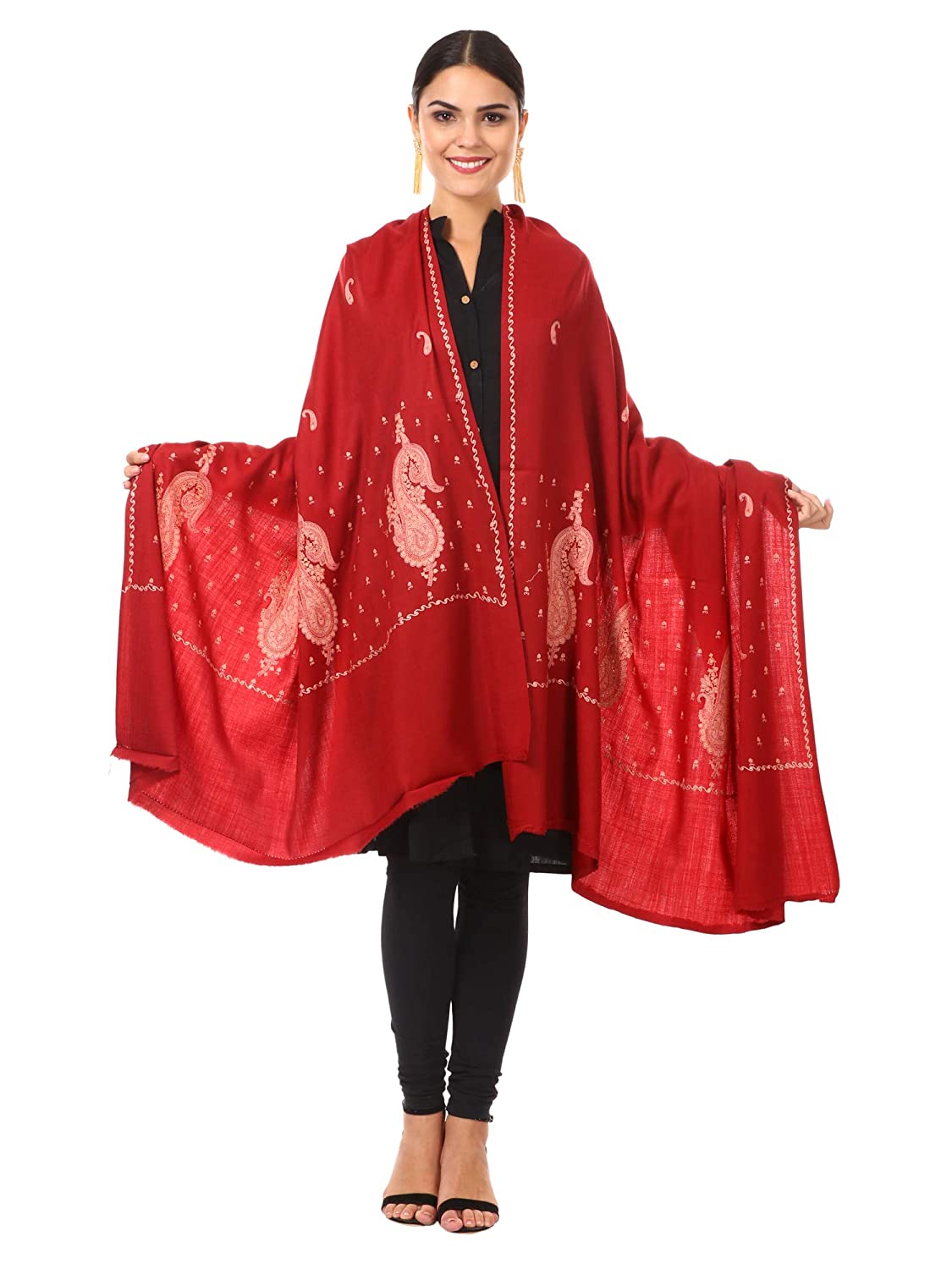 Pashtush Store Shawl Pashtush Women's Embroidery Wool with Palla Embroidery Paisley Design Red
