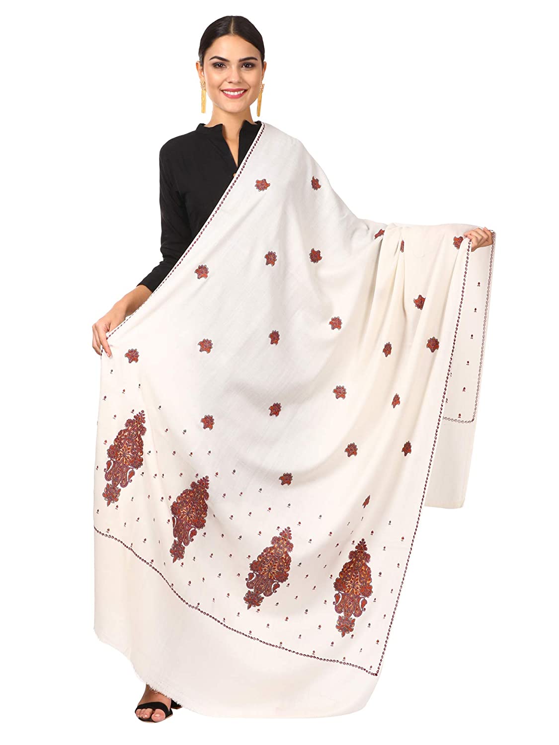 Pashtush Store Shawl Pashtush Women's Embroidery Wool with Palla Embroidery Paisley Design White