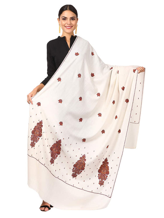 Pashtush Store Shawl Pashtush Women's Embroidery Wool with Palla Embroidery Paisley Design White
