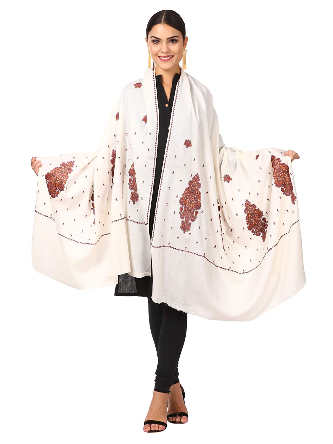 Pashtush Store Shawl Pashtush Women's Embroidery Wool with Palla Embroidery Paisley Design White