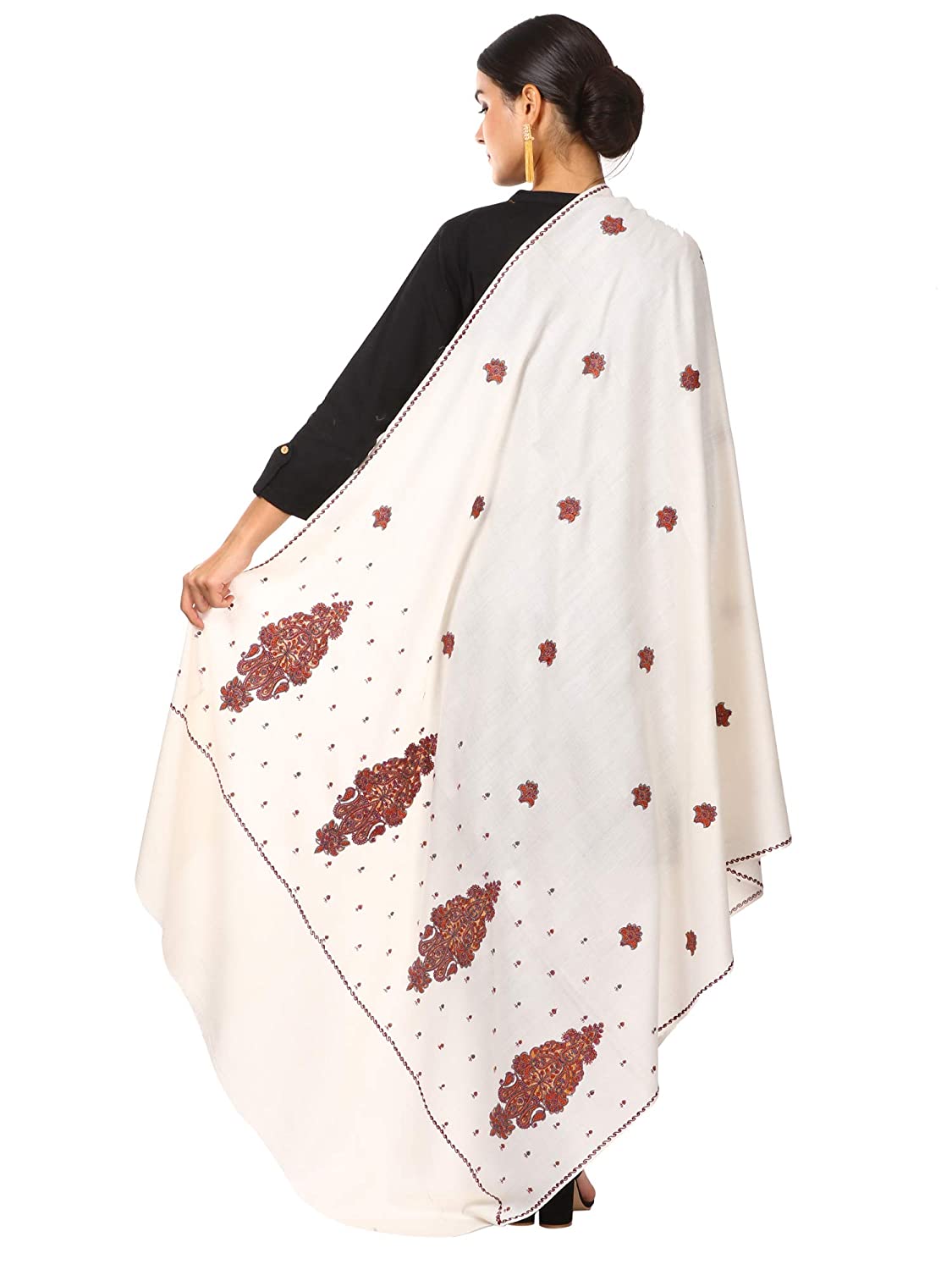 Pashtush Store Shawl Pashtush Women's Embroidery Wool with Palla Embroidery Paisley Design White