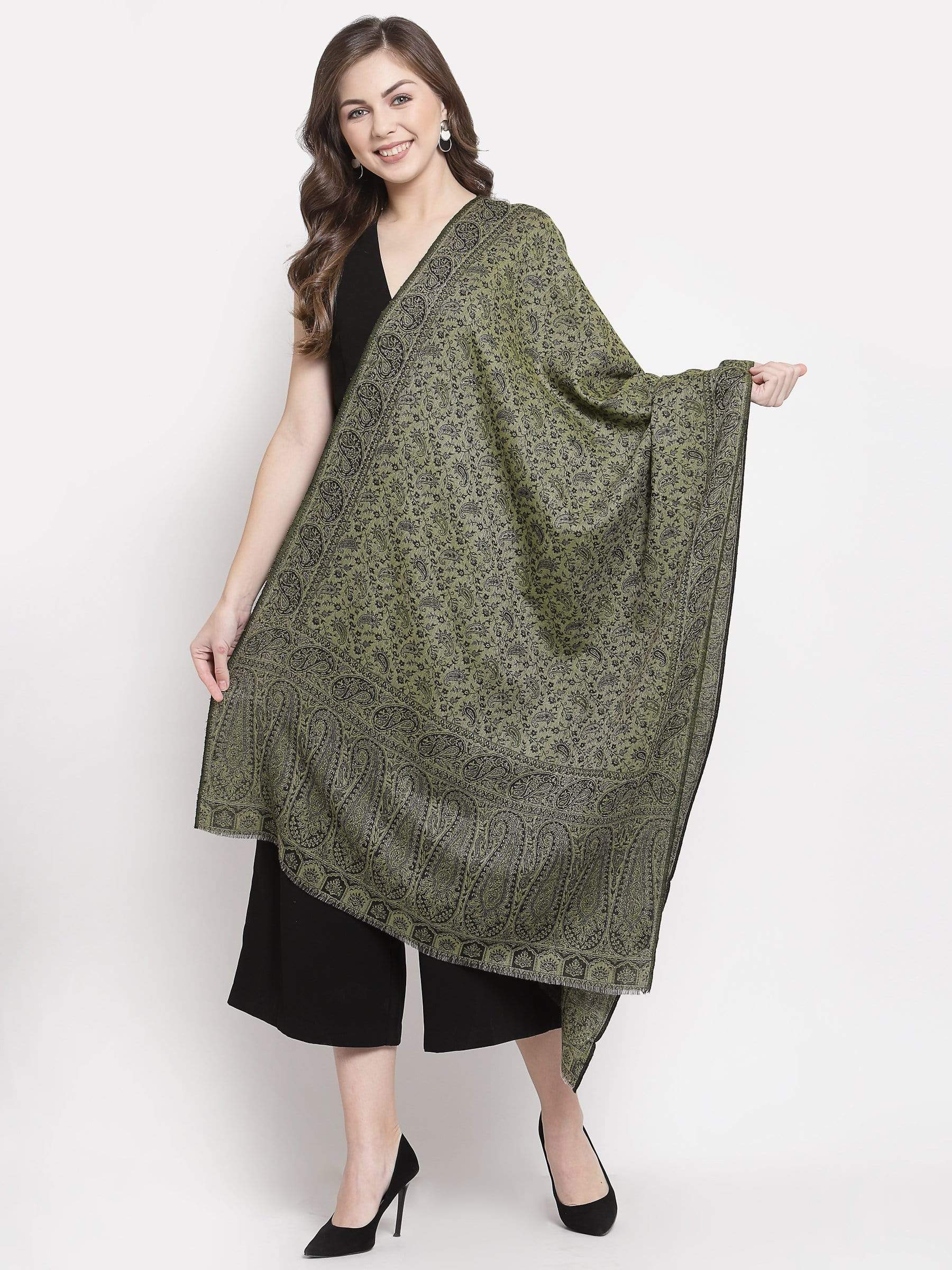 Pashtush India 70x200 Pashtush Women's Ethnic Weave Stole, Fine Wool, Reversible, Olive Green