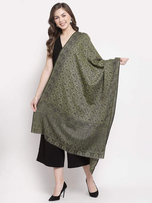 Pashtush India 70x200 Pashtush Women's Ethnic Weave Stole, Fine Wool, Reversible, Olive Green