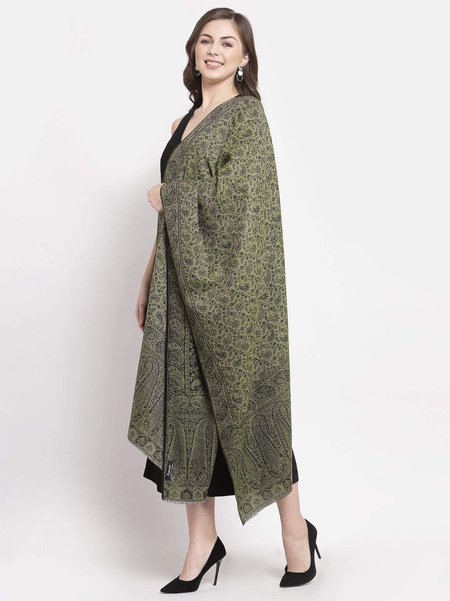 Pashtush India 70x200 Pashtush Women's Ethnic Weave Stole, Fine Wool, Reversible, Olive Green
