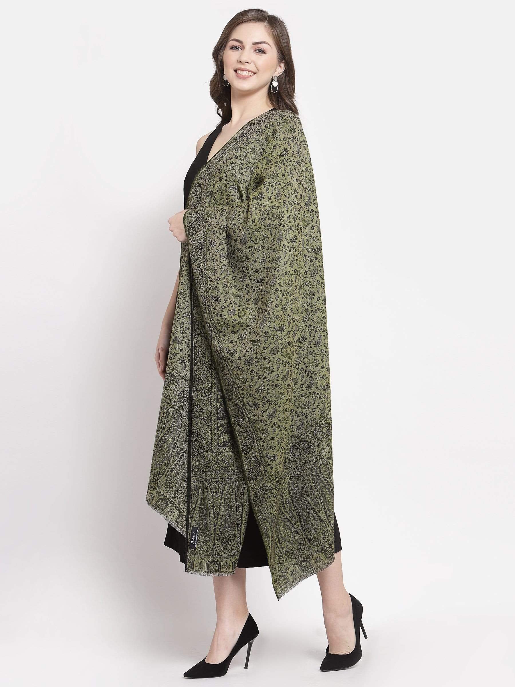 Pashtush India 70x200 Pashtush Women's Ethnic Weave Stole, Fine Wool, Reversible, Olive Green