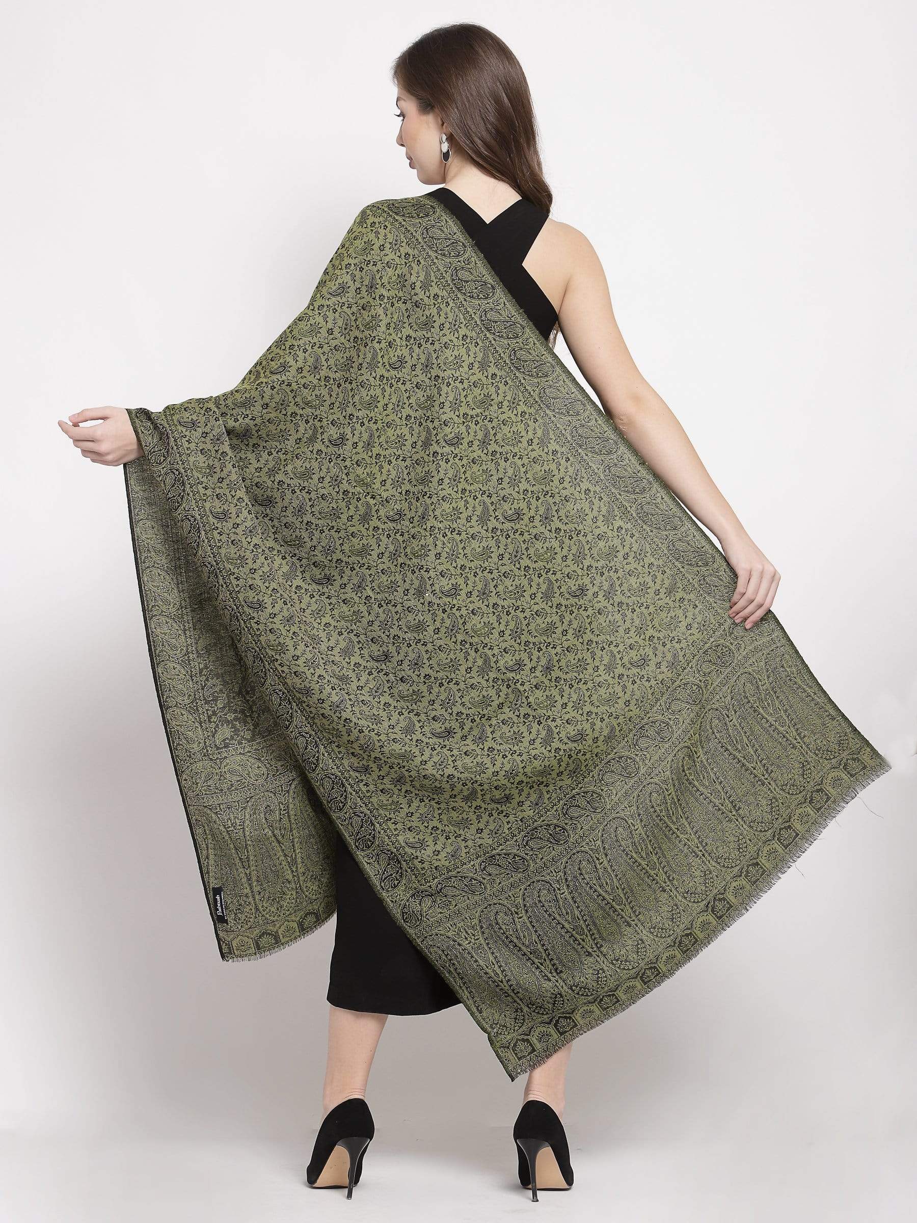 Pashtush India 70x200 Pashtush Women's Ethnic Weave Stole, Fine Wool, Reversible, Olive Green
