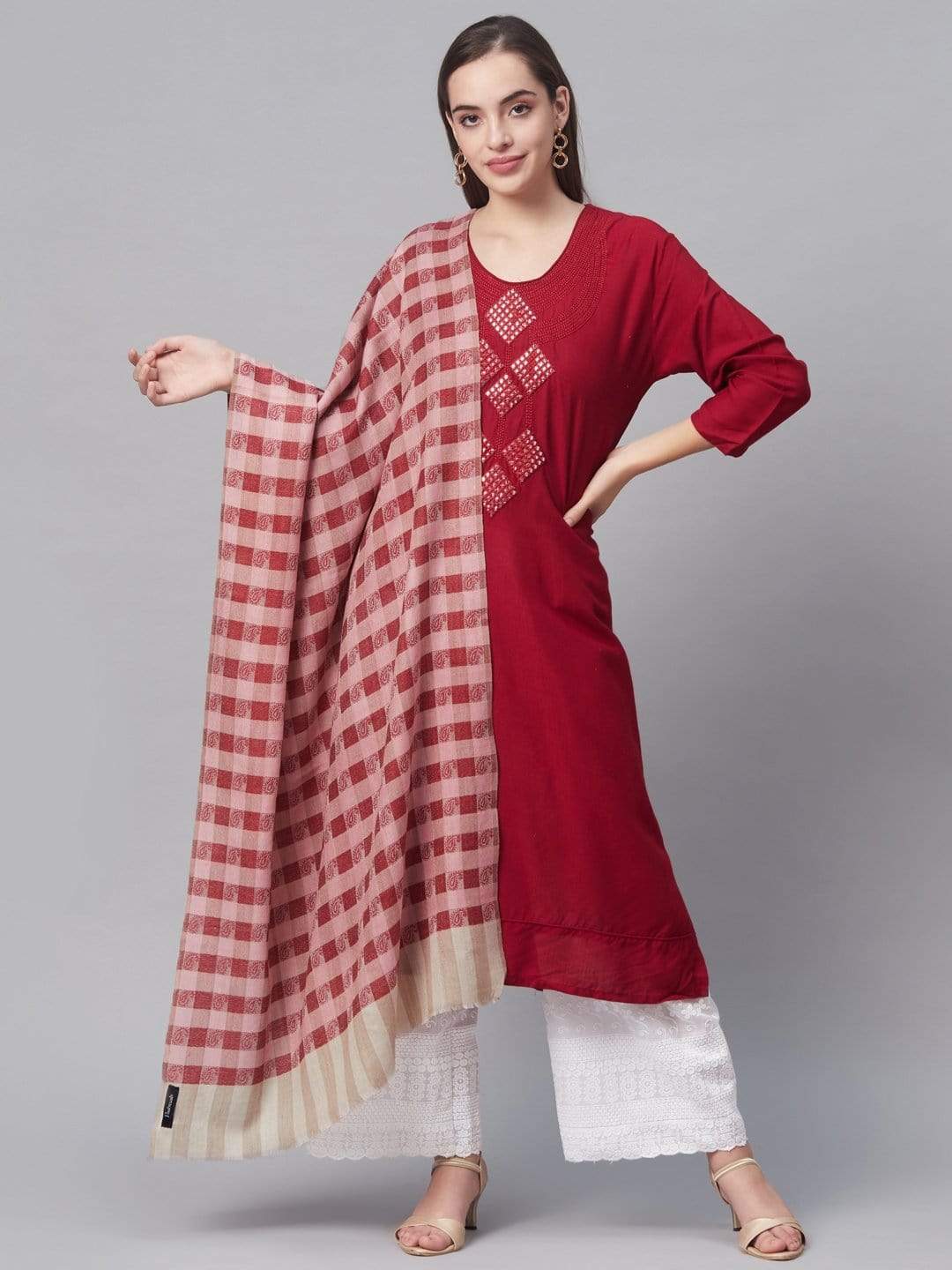 Pashtush India 100x200 Pashtush Women Maroon  Pink Woven Design Stole