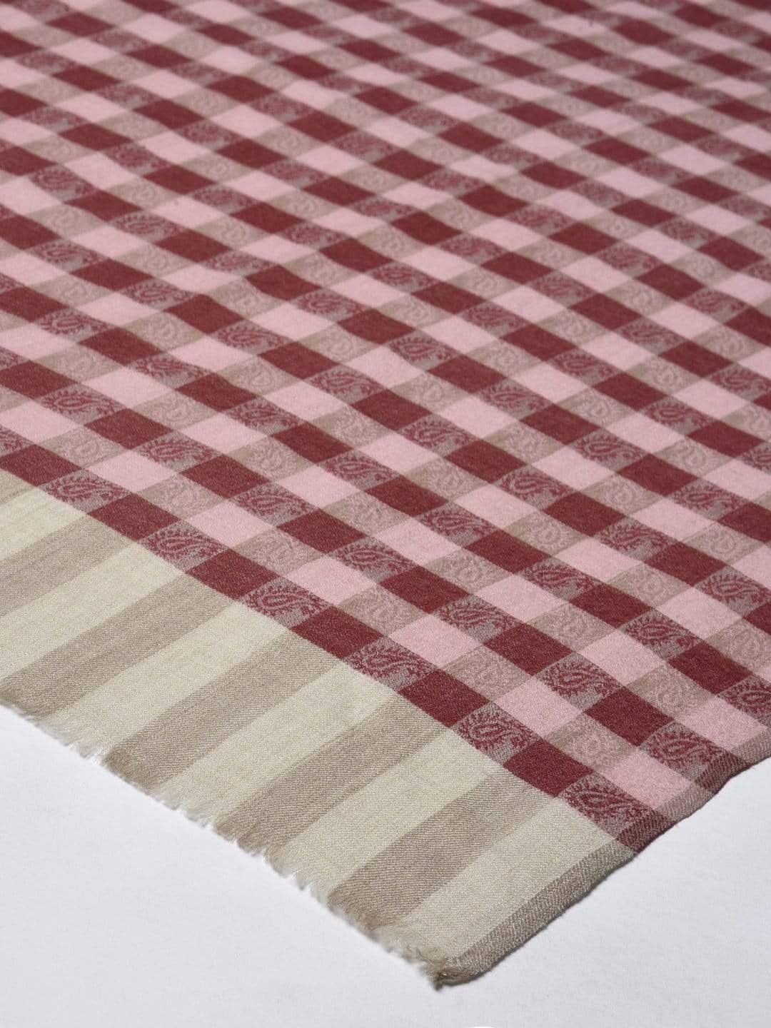 Pashtush India 70x200 PASHTUSH WOMEN’S EXTRA FINE SOFT WOOL CHECKERED STOLE, BEIGE AND MAROON