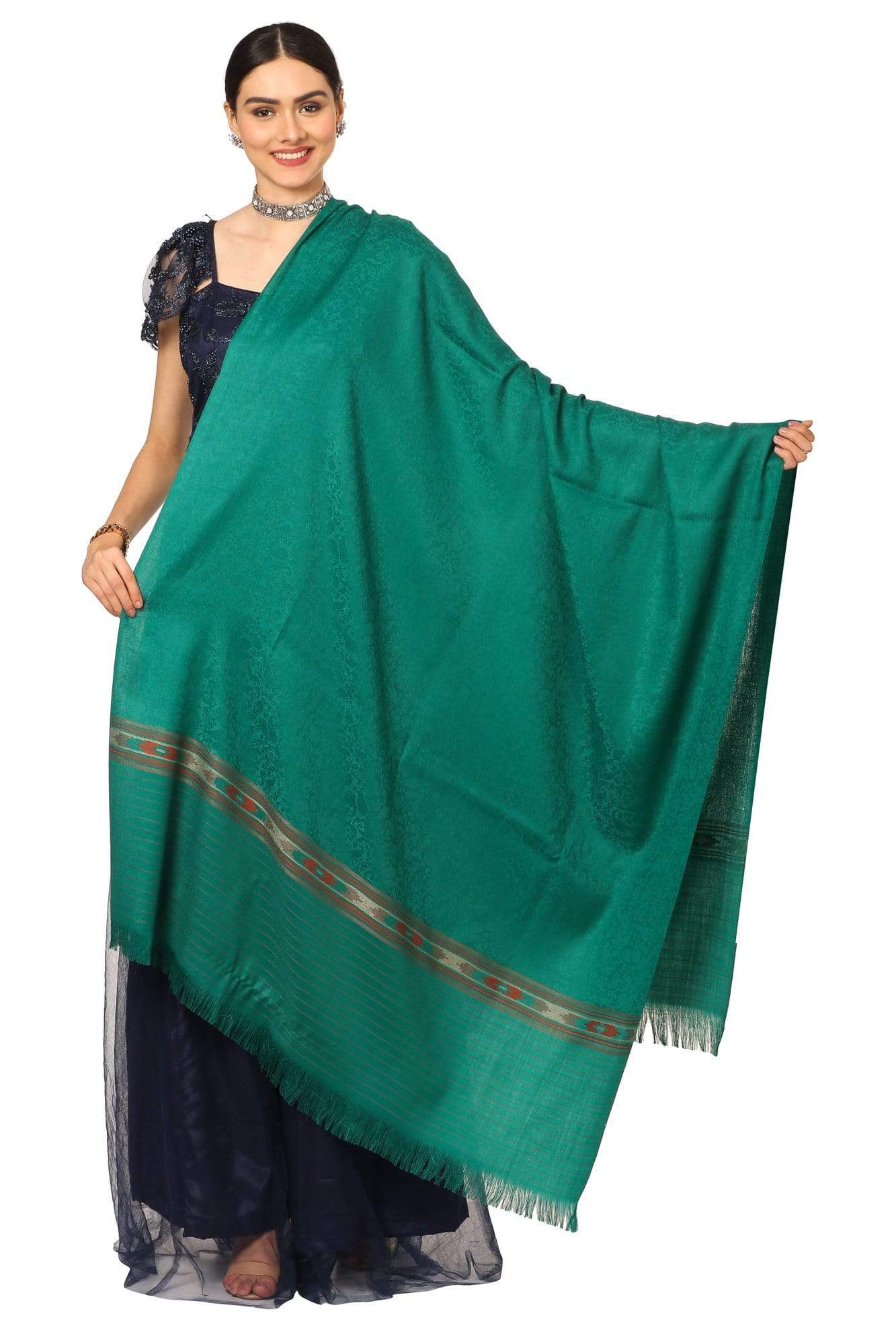 Pashtush India Shawl Pashtush Women's Fine Wool Shawl, Soft and Warm, Kullu Design, Jacquard Weave - Bottle Green