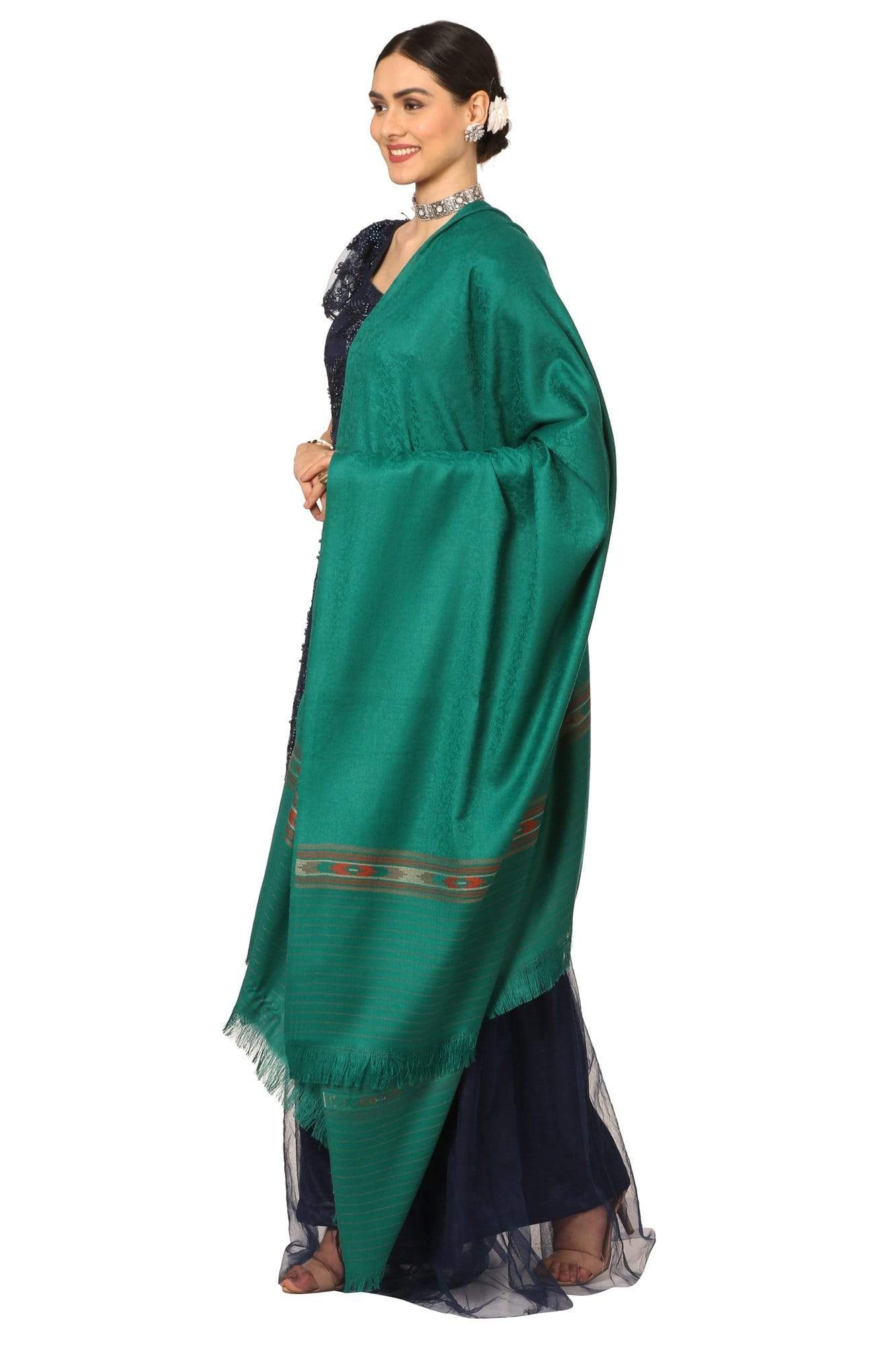 Pashtush India Shawl Pashtush Women's Fine Wool Shawl, Soft and Warm, Kullu Design, Jacquard Weave - Bottle Green