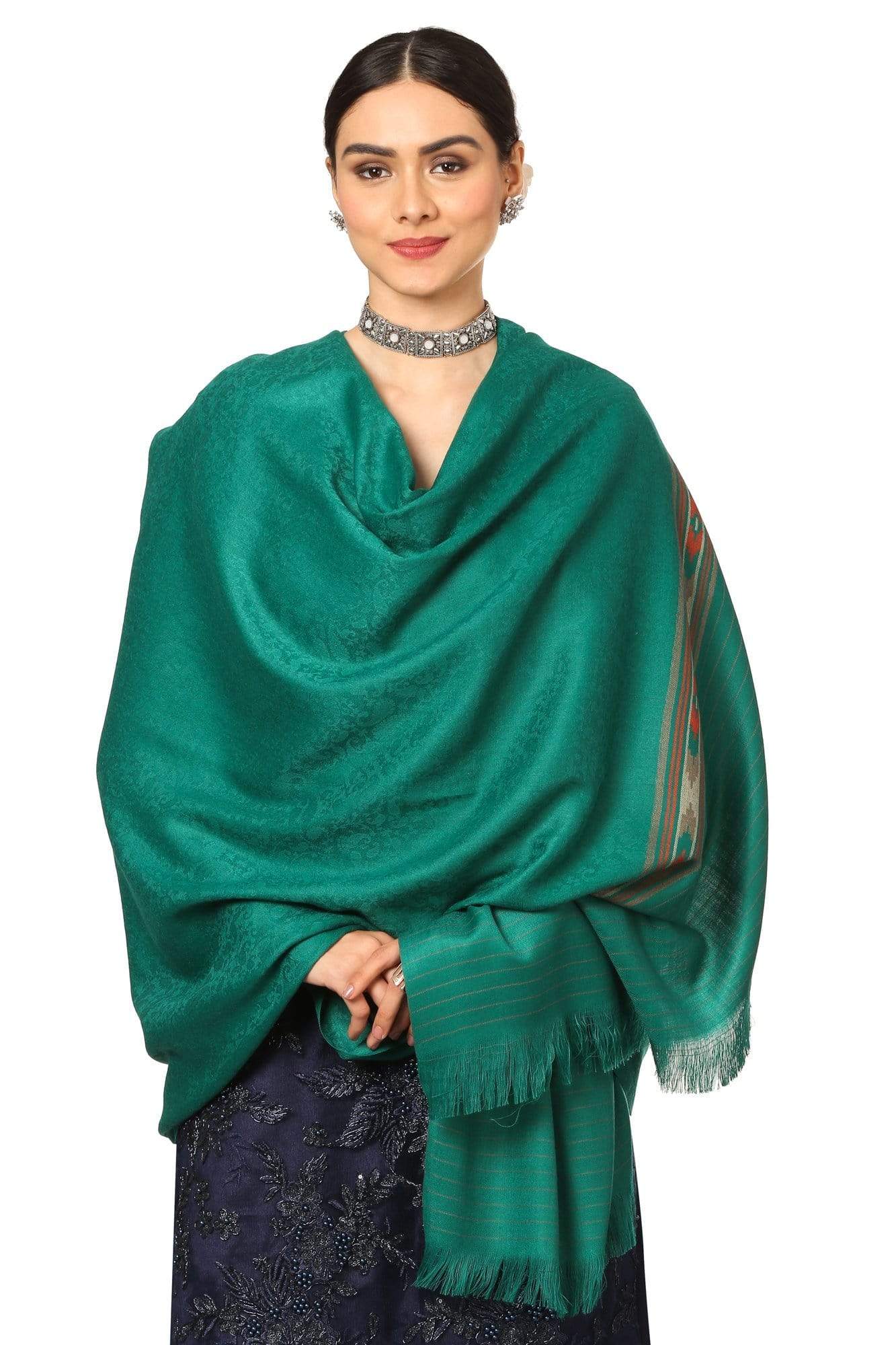 Pashtush India Shawl Pashtush Women's Fine Wool Shawl, Soft and Warm, Kullu Design, Jacquard Weave - Bottle Green