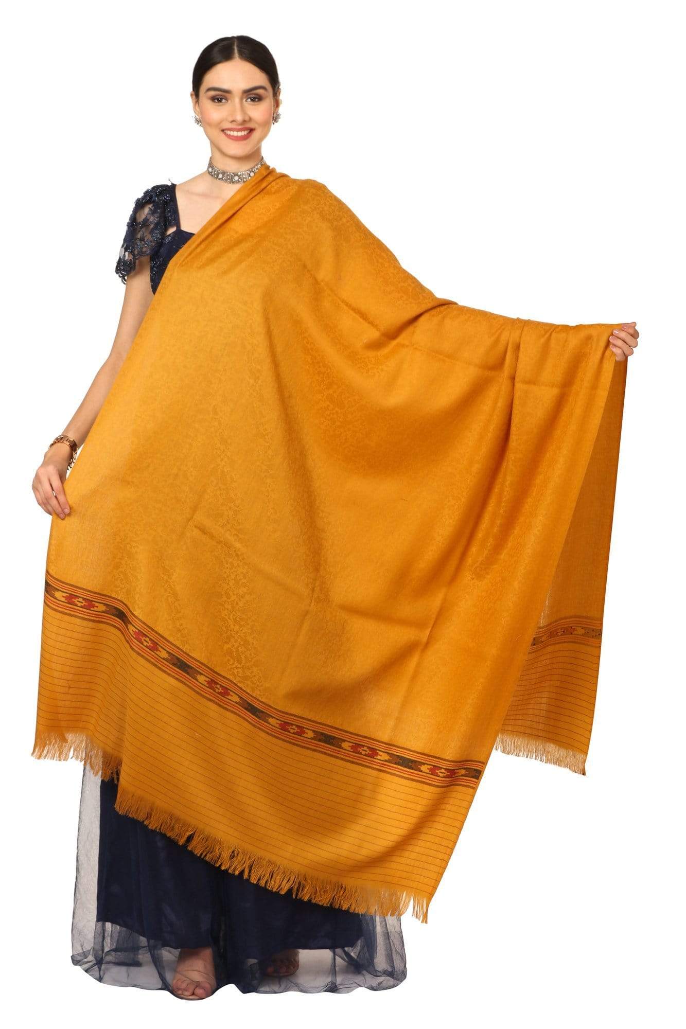 Pashtush India Shawl Pashtush Women's Fine Wool Shawl, Soft and Warm, Kullu Design, Jacquard Weave - Palla Mustard