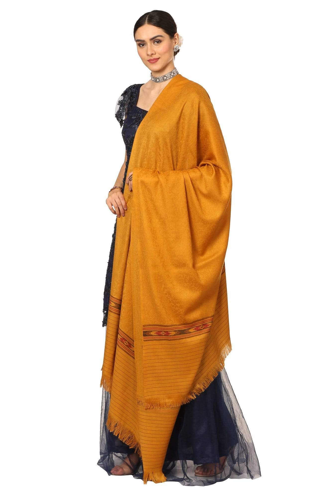 Pashtush India Shawl Pashtush Women's Fine Wool Shawl, Soft and Warm, Kullu Design, Jacquard Weave - Palla Mustard