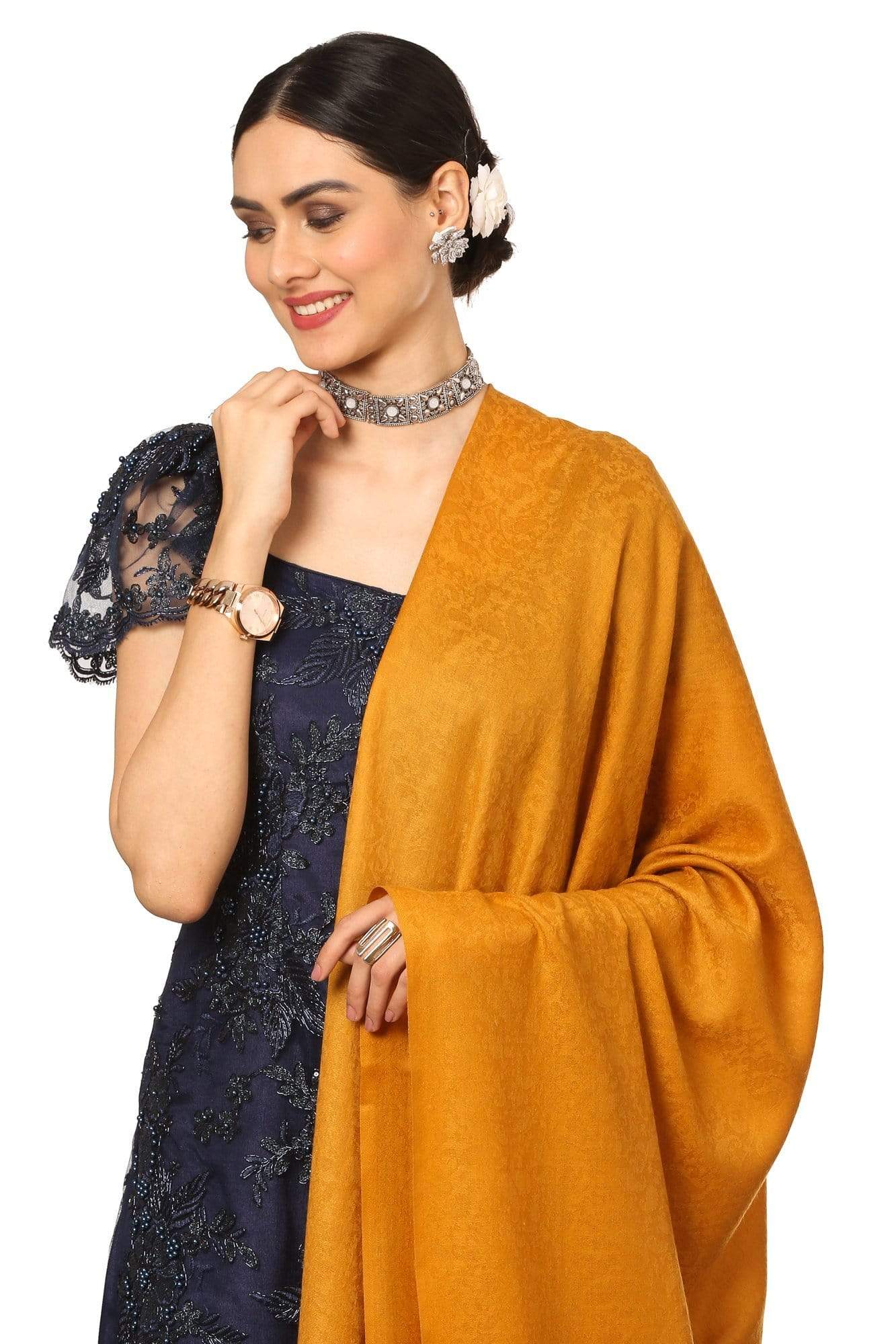 Pashtush India Shawl Pashtush Women's Fine Wool Shawl, Soft and Warm, Kullu Design, Jacquard Weave - Palla Mustard