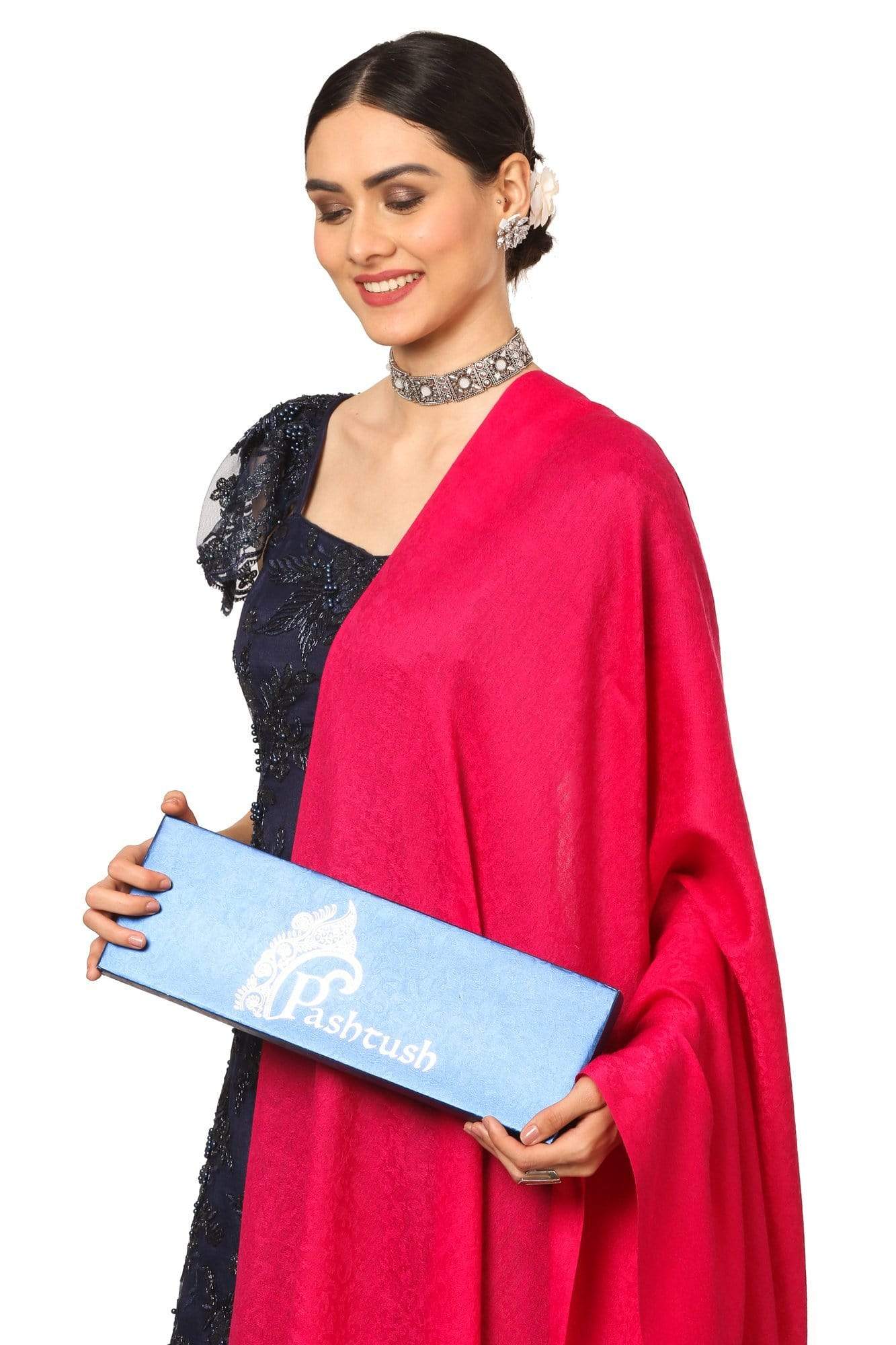 Pashtush India Shawl Pashtush Women's Fine Wool Shawl, Soft and Warm, Kullu Design, Jacquard Weave - Pink
