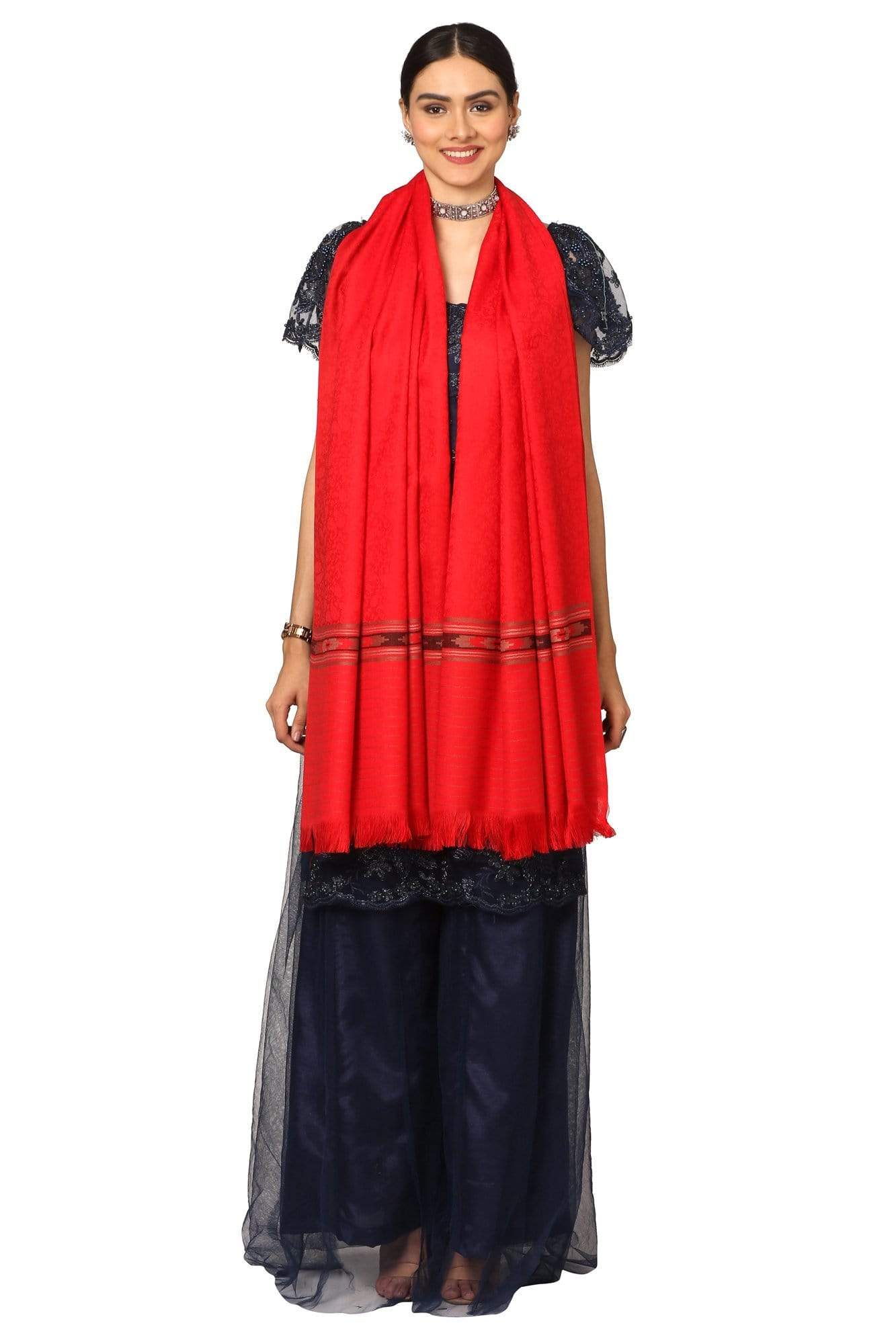 Pashtush India Shawl Pashtush Women's Fine Wool Shawl, Soft and Warm, Kullu Design, Jacquard Weave - Red