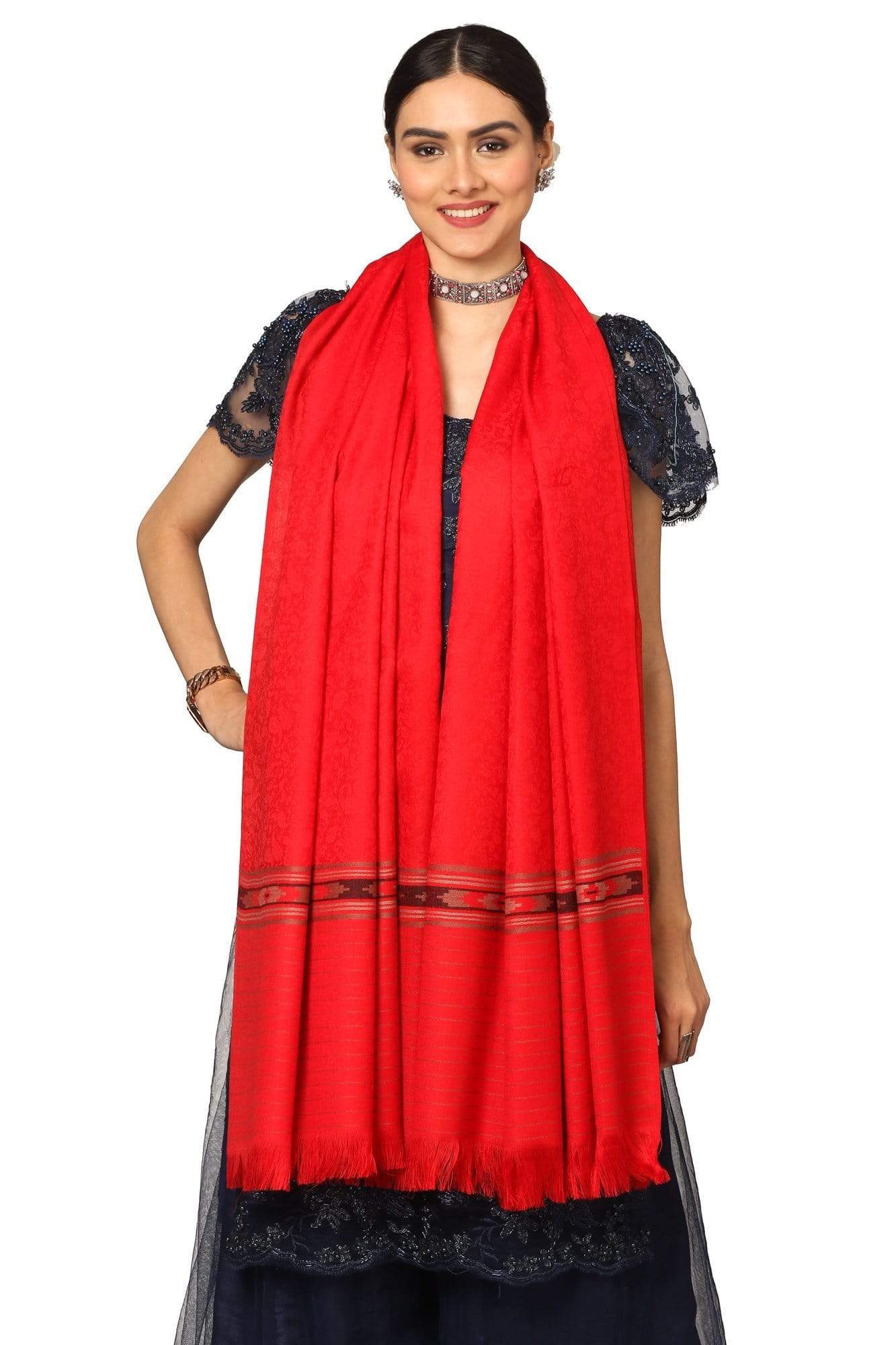 Pashtush India Shawl Pashtush Women's Fine Wool Shawl, Soft and Warm, Kullu Design, Jacquard Weave - Red