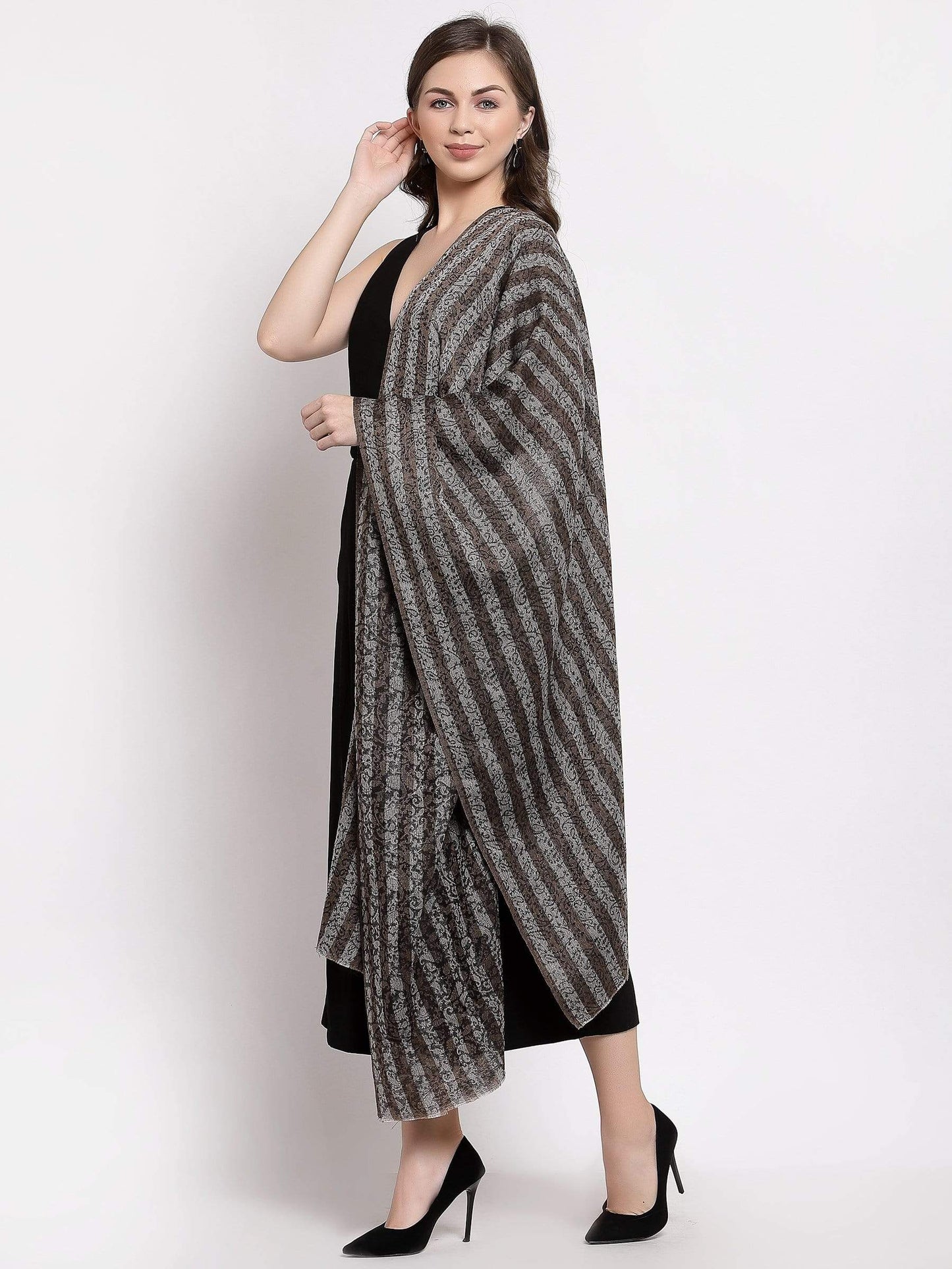 Pashtush India 70x200 Pashtush Women's Fine Wool Striped Stole, Self Weave, Black and Brown