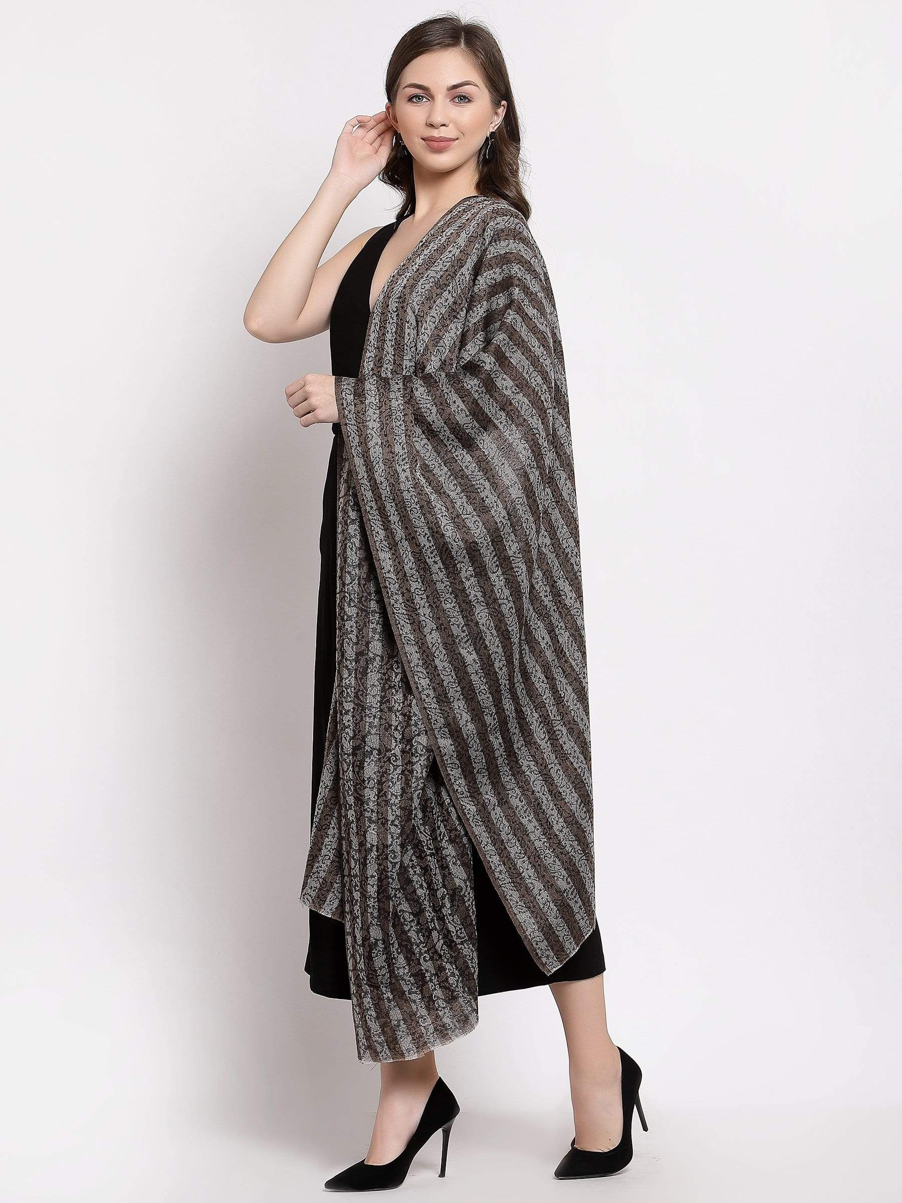 Pashtush India 70x200 Pashtush Women's Fine Wool Striped Stole, Self Weave, Black and Brown