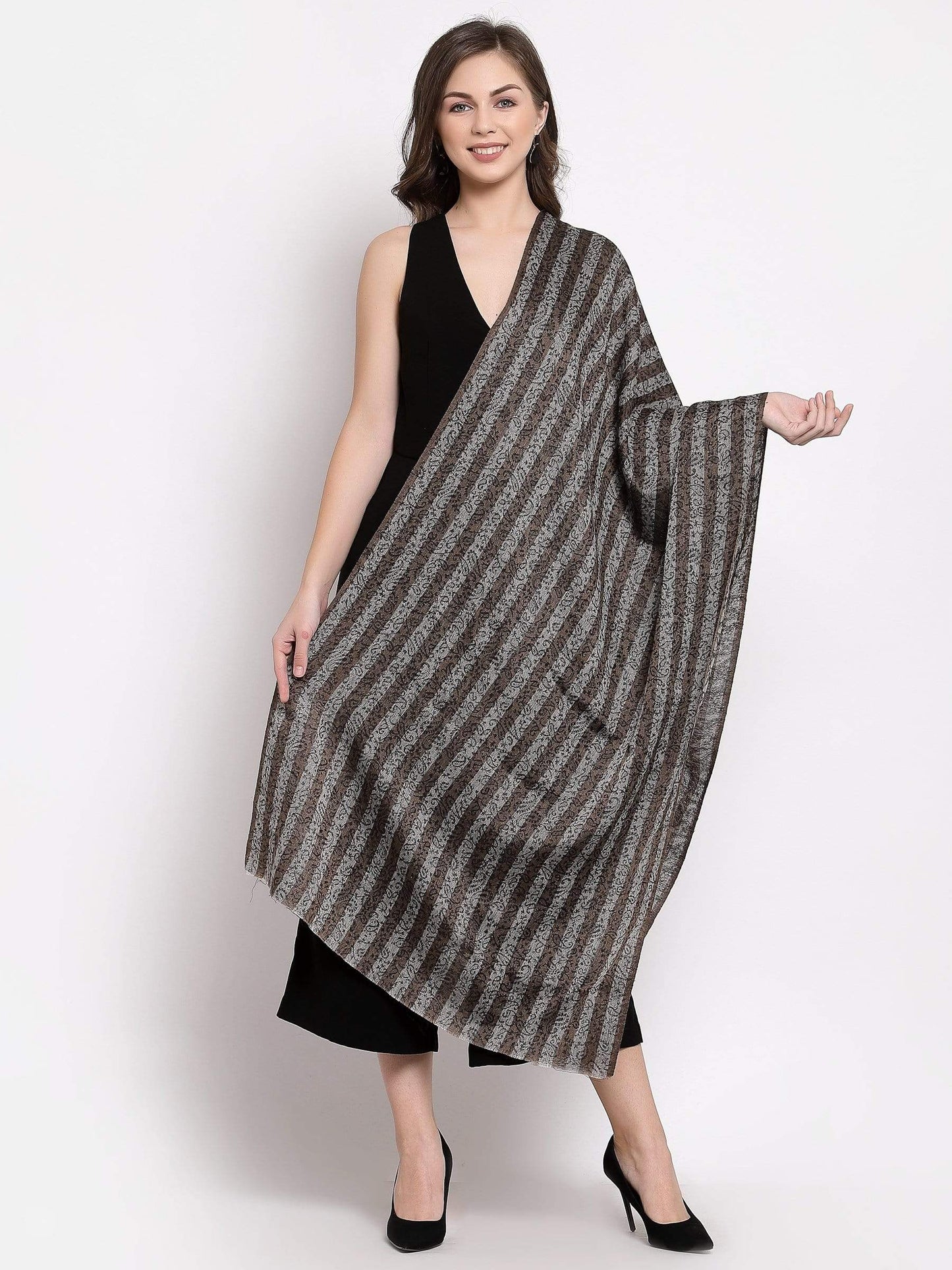 Pashtush India 70x200 Pashtush Women's Fine Wool Striped Stole, Self Weave, Black and Brown