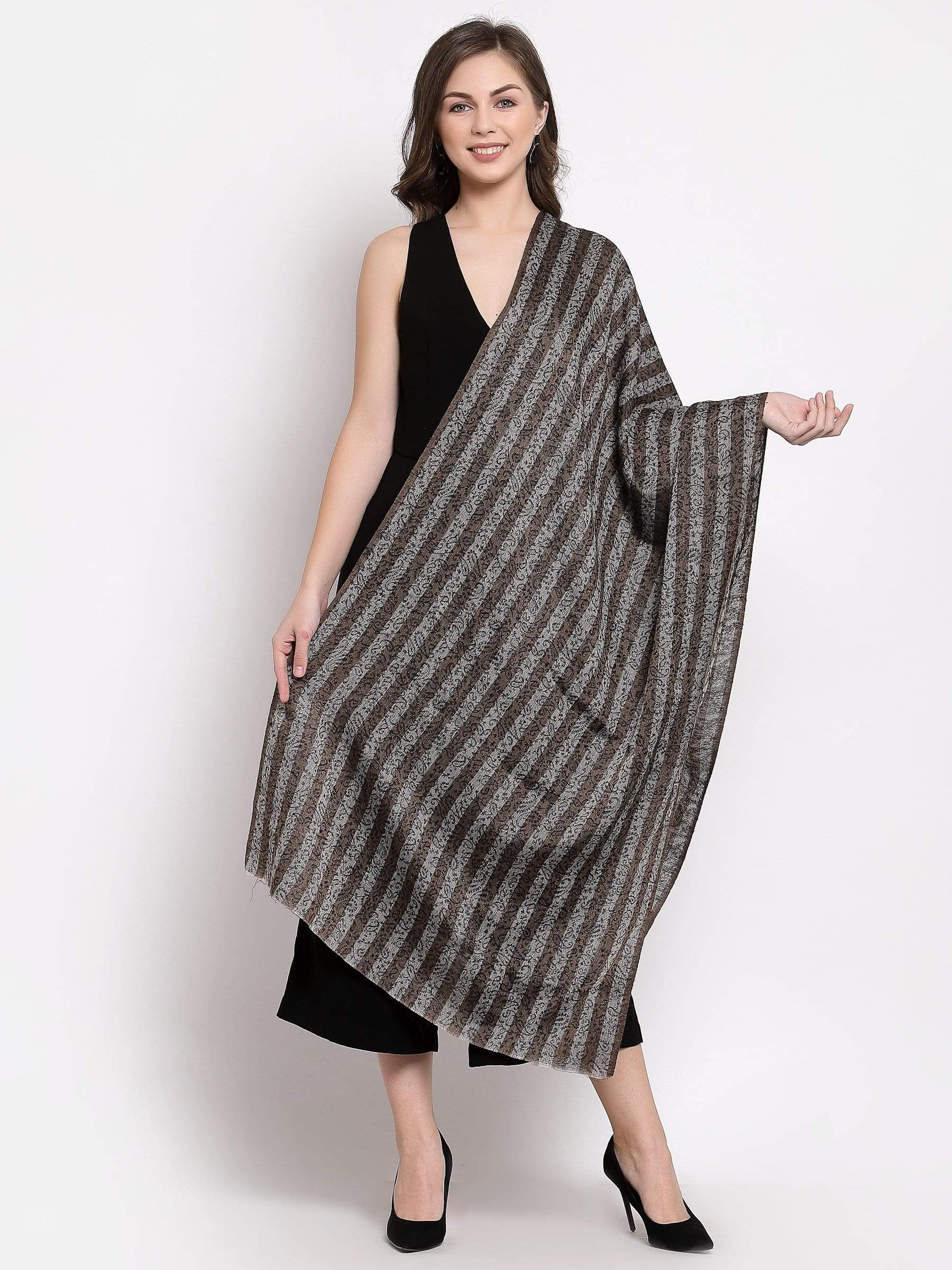 Pashtush India 70x200 Pashtush Women's Fine Wool Striped Stole, Self Weave, Black and Brown