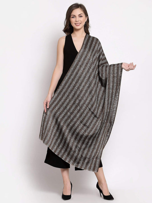 Pashtush India 70x200 Pashtush Women's Fine Wool Striped Stole, Self Weave, Black and Brown