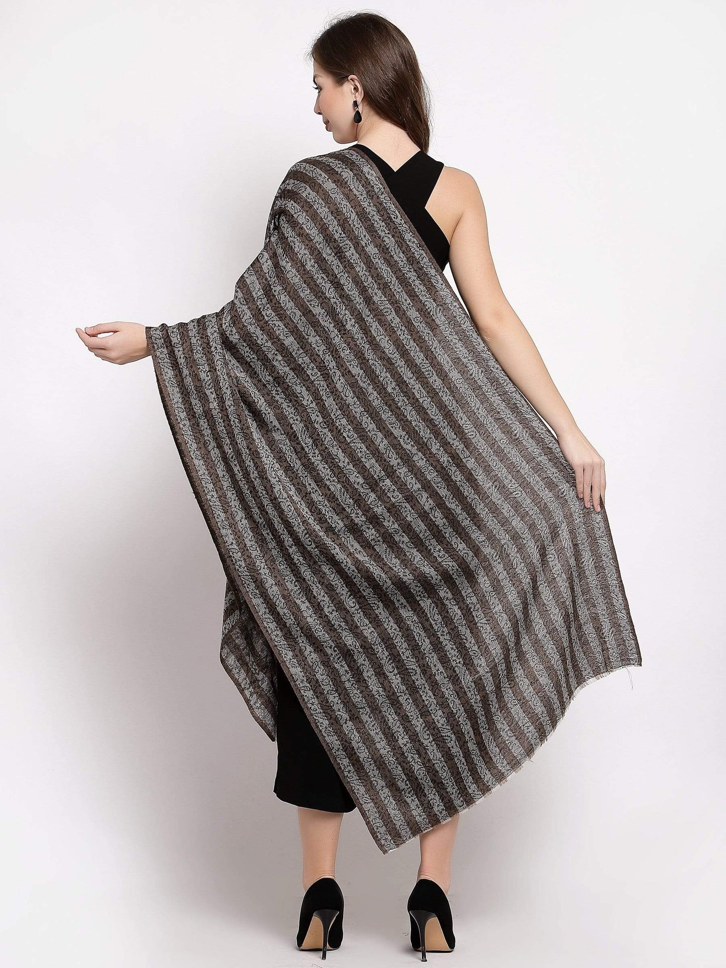 Pashtush India 70x200 Pashtush Women's Fine Wool Striped Stole, Self Weave, Black and Brown