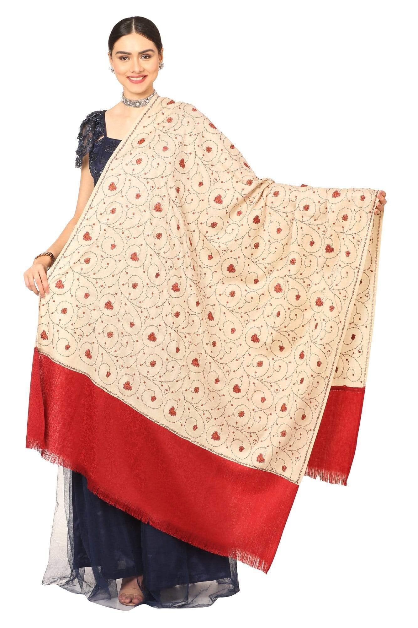 Pashtush India Shawl Pashtush Women's Gol Buti Jaal, Sozni Kashmiri Embroidery with Intricate Needlework Woolen Pashmina Shawls - Beige