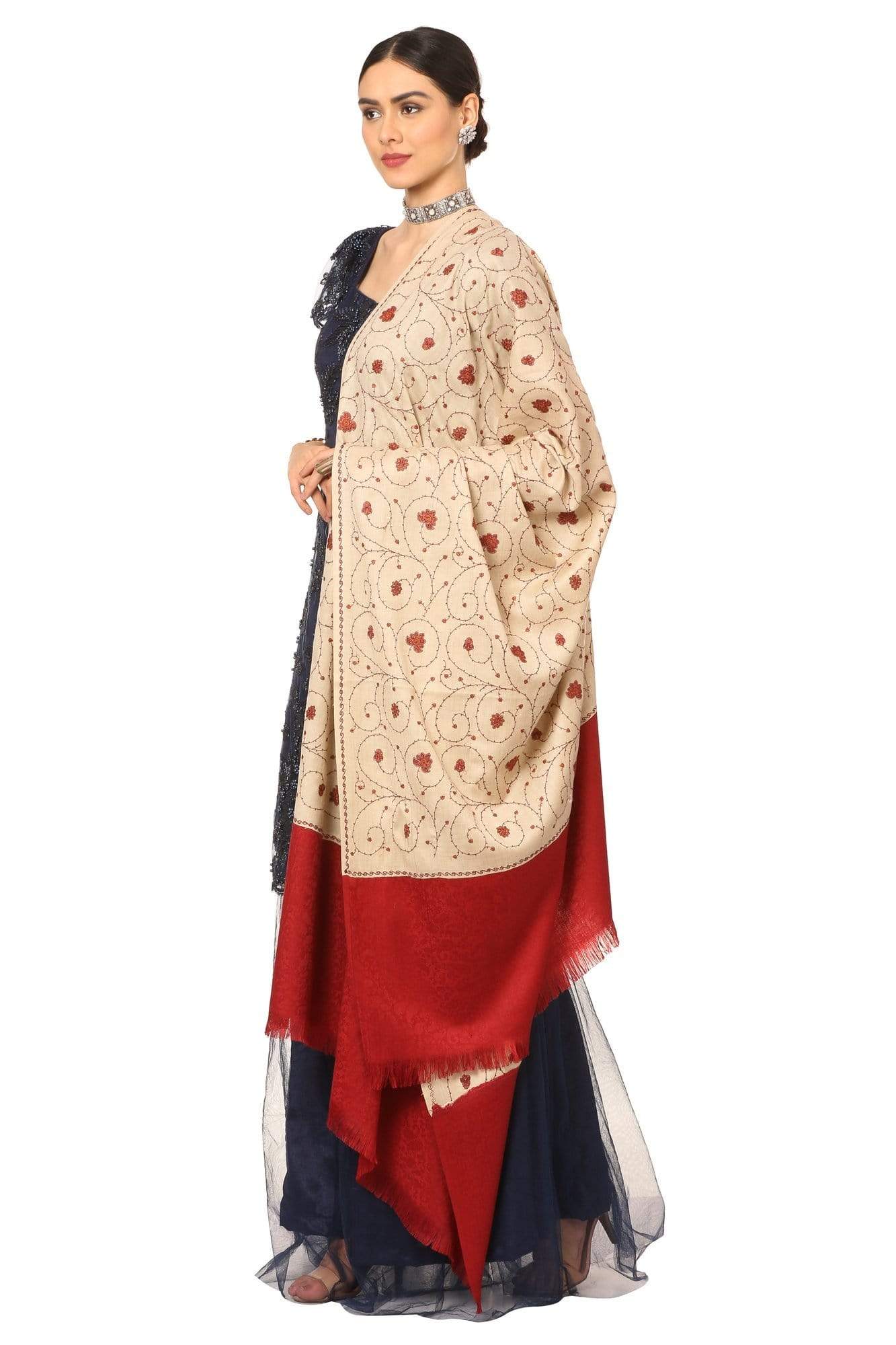 Pashtush India Shawl Pashtush Women's Gol Buti Jaal, Sozni Kashmiri Embroidery with Intricate Needlework Woolen Pashmina Shawls - Beige