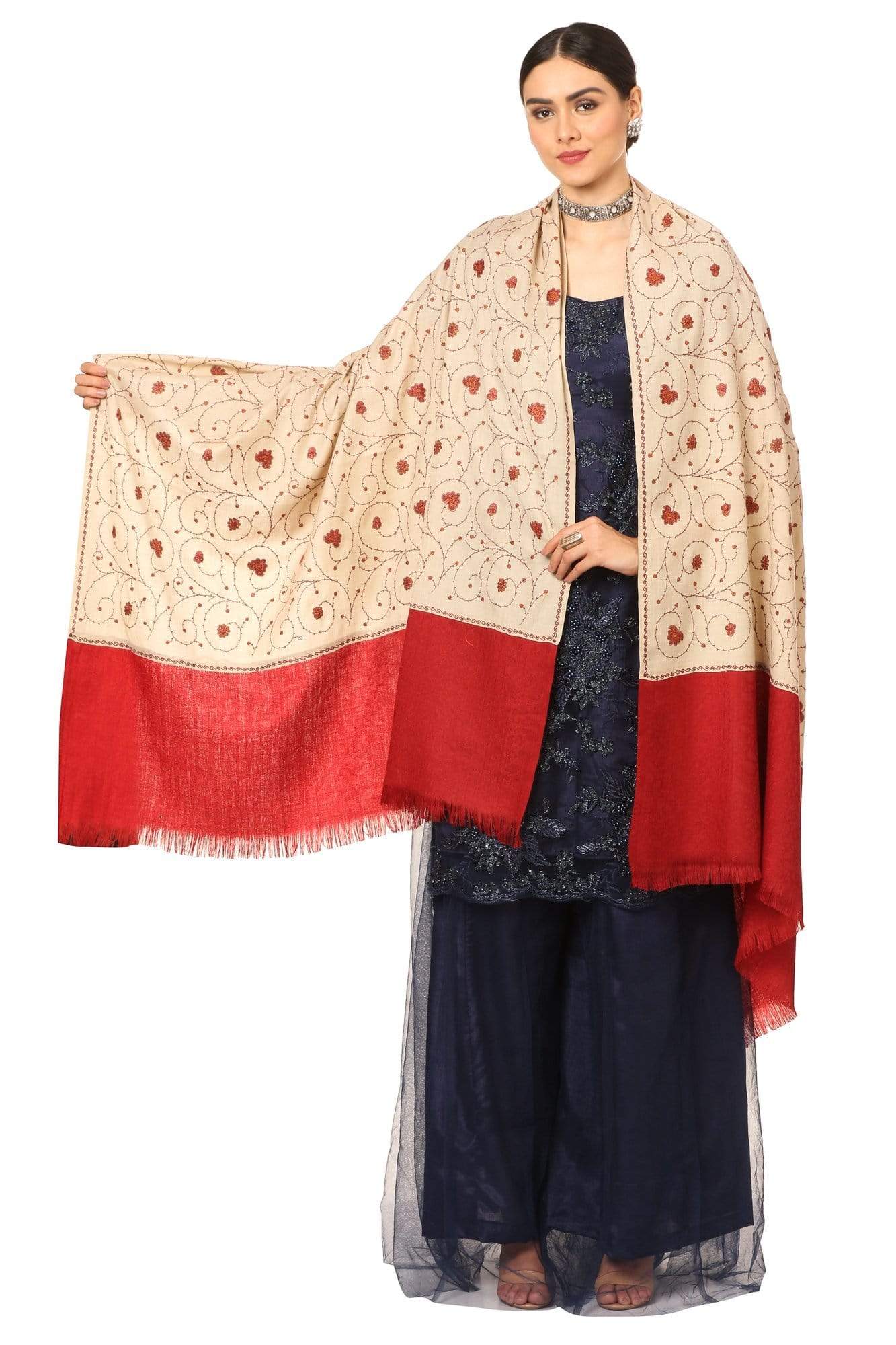 Pashtush India Shawl Pashtush Women's Gol Buti Jaal, Sozni Kashmiri Embroidery with Intricate Needlework Woolen Pashmina Shawls - Beige