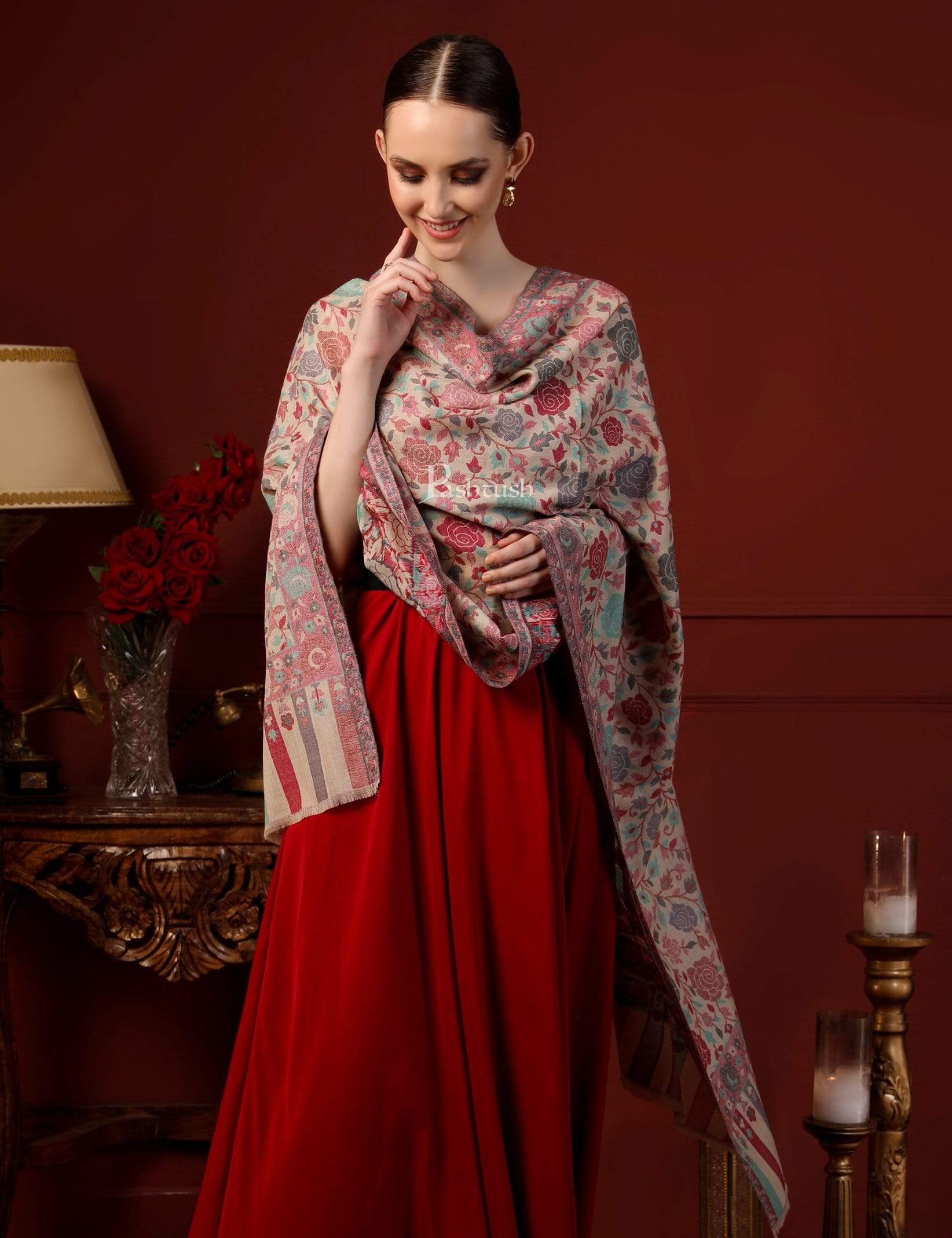 Pashtush Shawl Store Pashtush Women's Jacquard Kaani light weight floral Stole , Multi-coloured