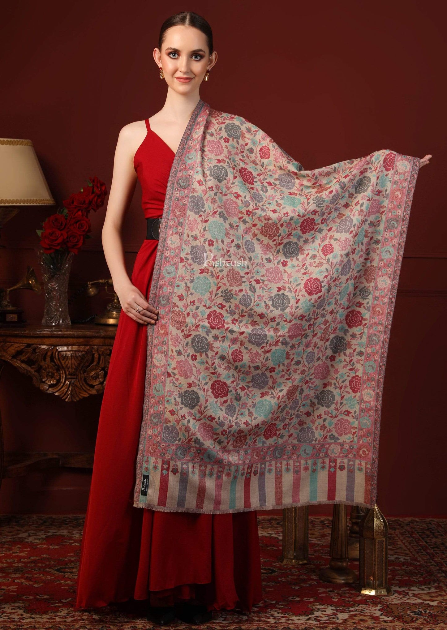 Pashtush Shawl Store Pashtush Women's Jacquard Kaani light weight floral Stole , Multi-coloured