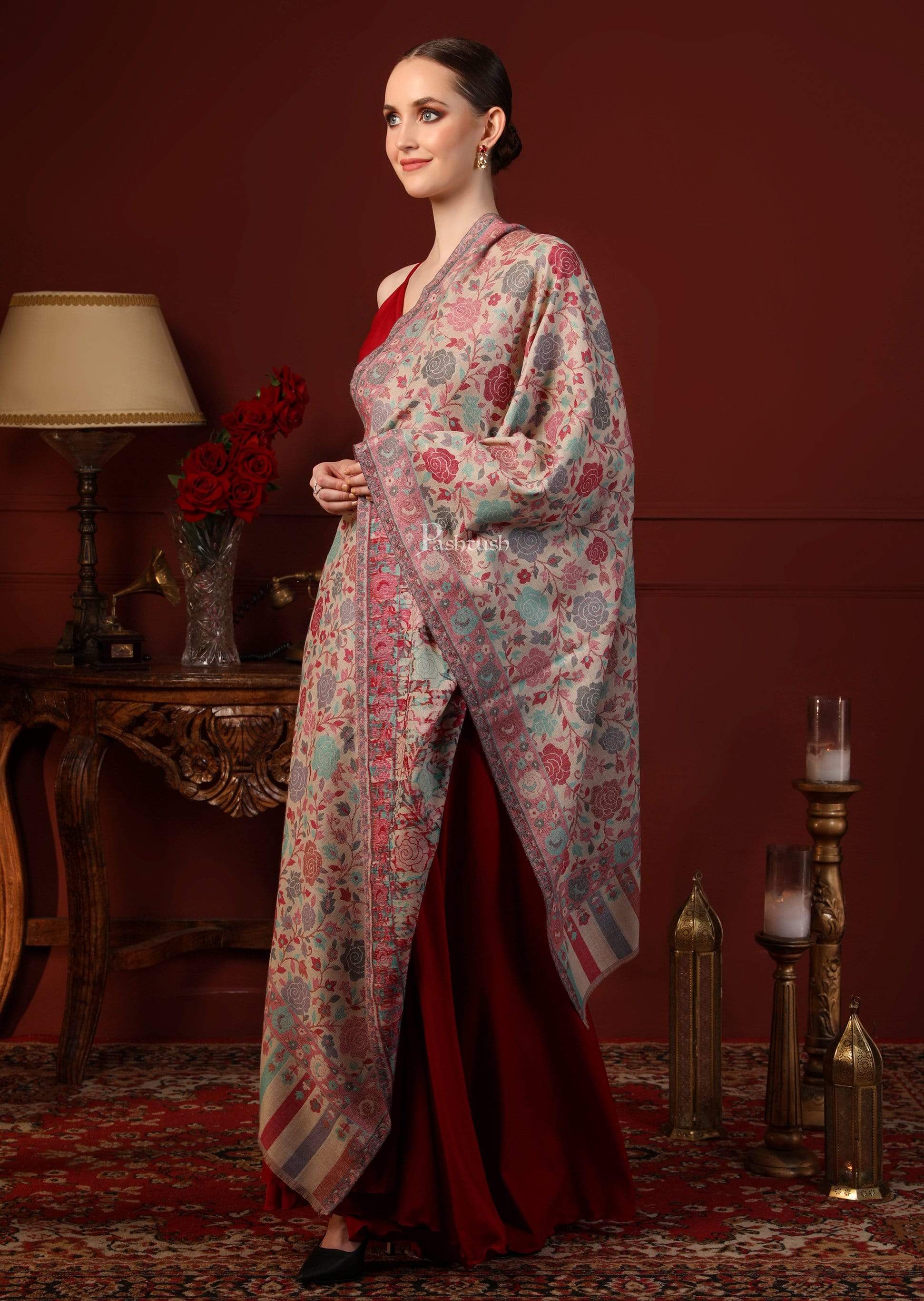 Pashtush Shawl Store Pashtush Women's Jacquard Kaani light weight floral Stole , Multi-coloured