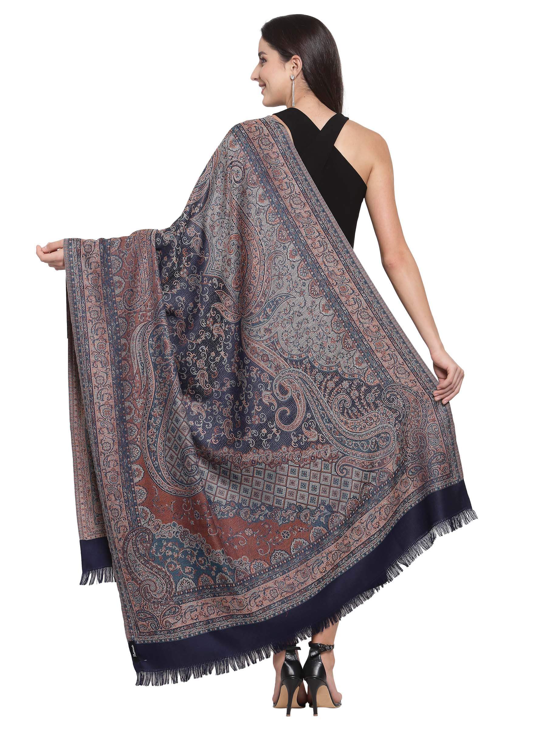 Pashtush India 100x200 Pashtush Women's Jamawar Shawl, Navy blue