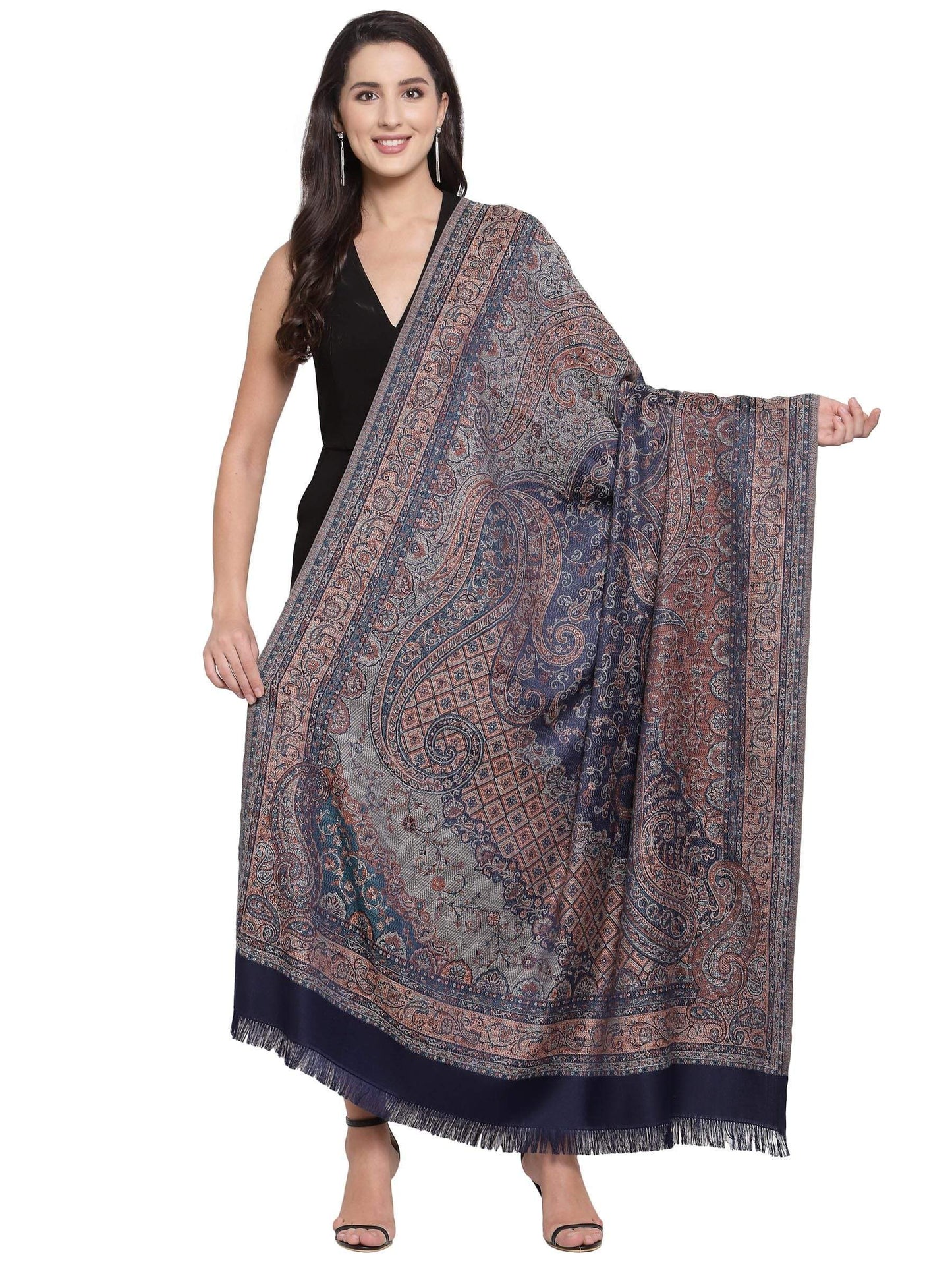 Pashtush India 100x200 Pashtush Women's Jamawar Shawl, Navy blue