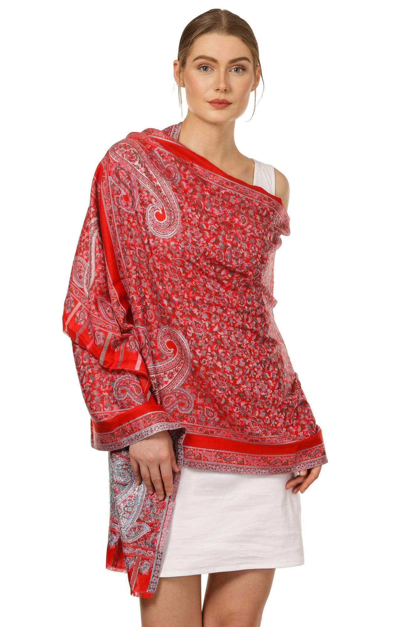 Pashtush Shawl Store Stole Pashtush Women's Kaani Design, Soft Bamboo Scarf, Casual Stoles - Red