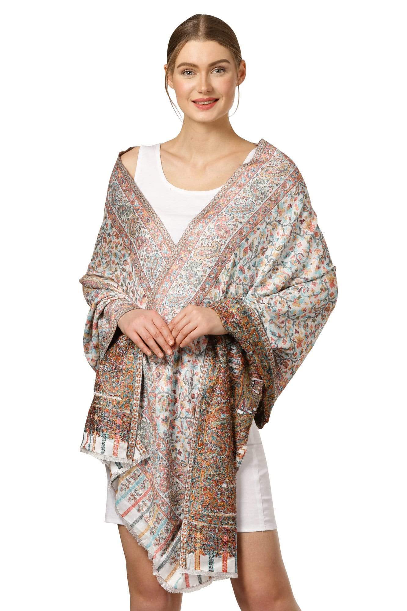 Pashtush India 70x200 Pashtush Women's Kaani Design, Soft Bamboo Scarf, Stoles, Wraps (Ivory)