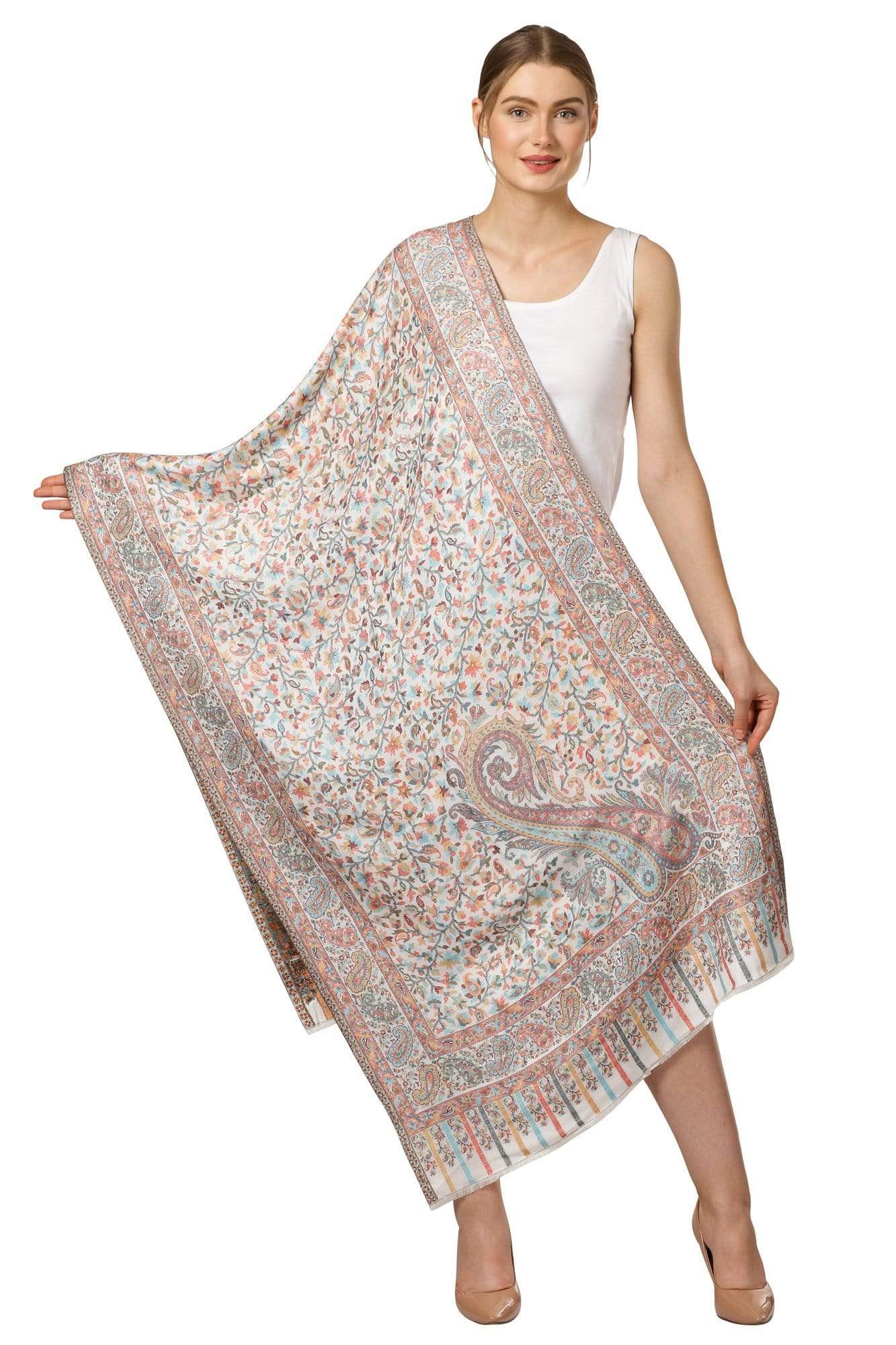 Pashtush India 70x200 Pashtush Women's Kaani Design, Soft Bamboo Scarf, Stoles, Wraps (Ivory)
