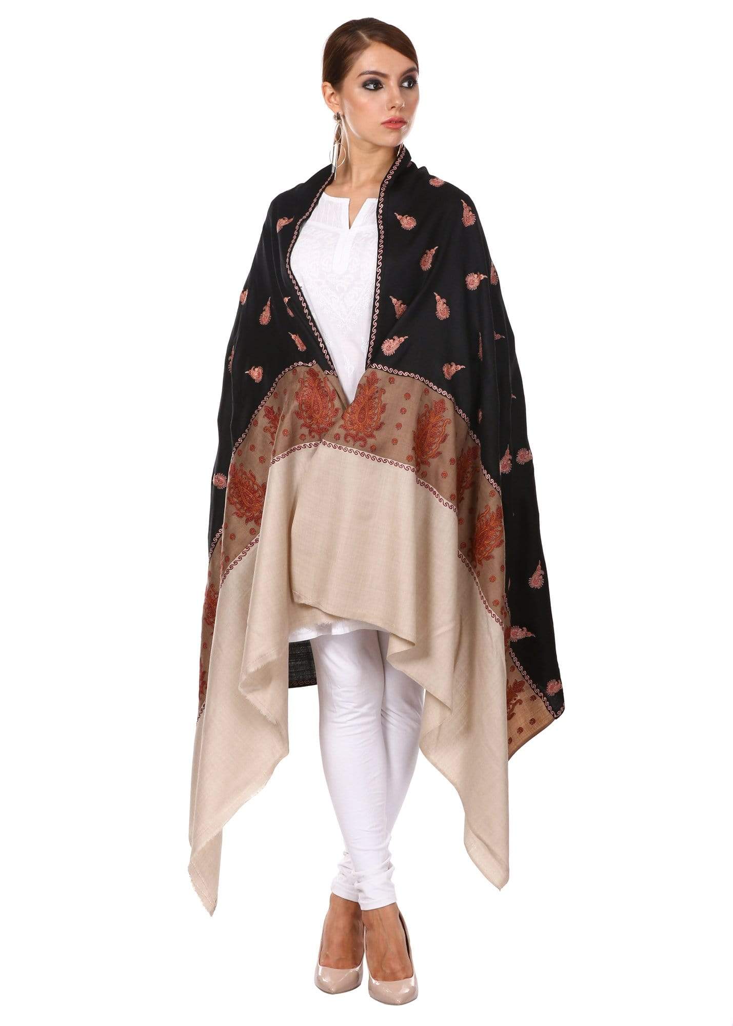 Pashtush India 100x200 Pashtush Women's Kashmiri Embroidery Wool Shawl, Hand Embroidery Shawl with Stitched Contrast Palla