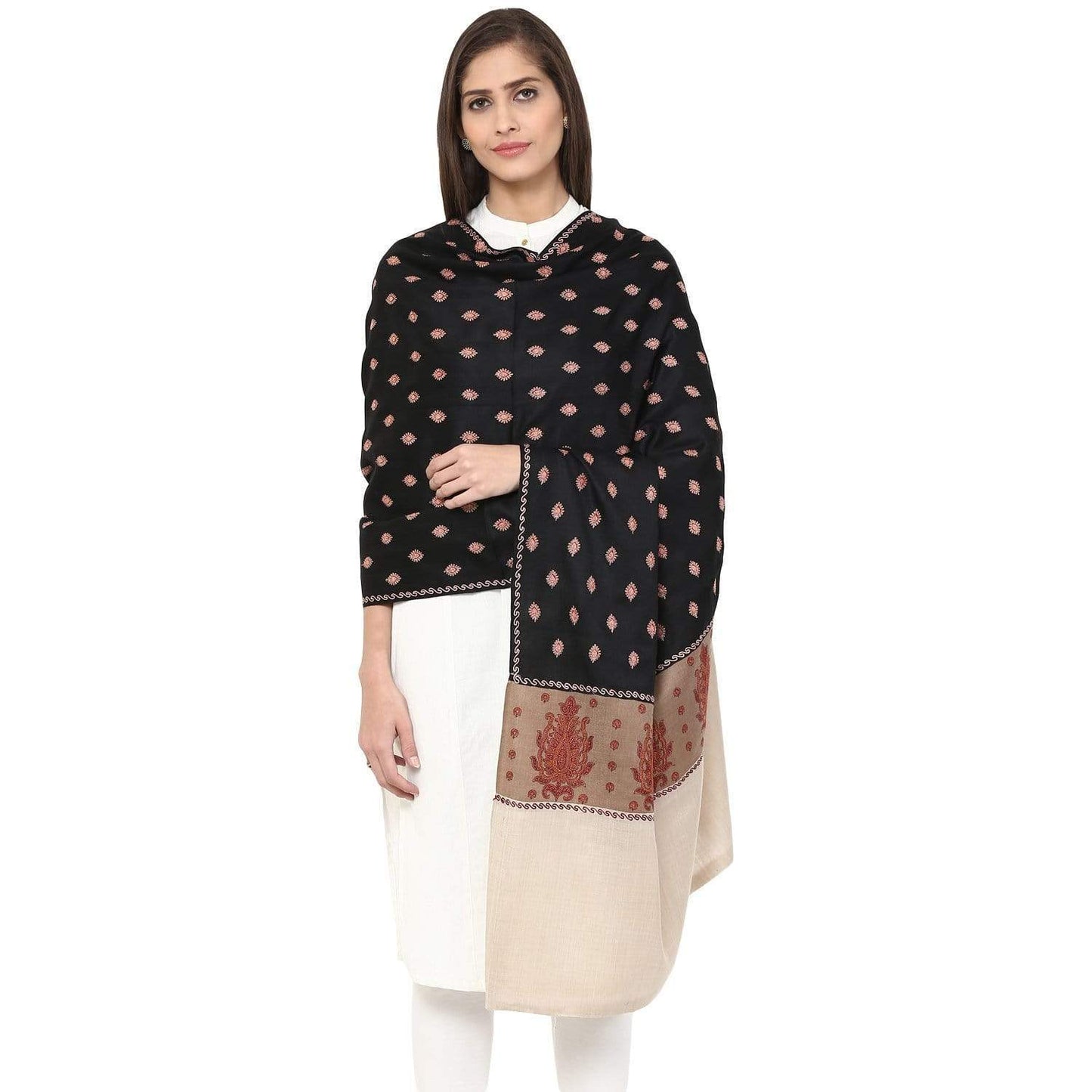 Pashtush India 100x200 Pashtush Women's Kashmiri Embroidery Wool Shawl, Hand Embroidery Shawl with Stitched Contrast Palla
