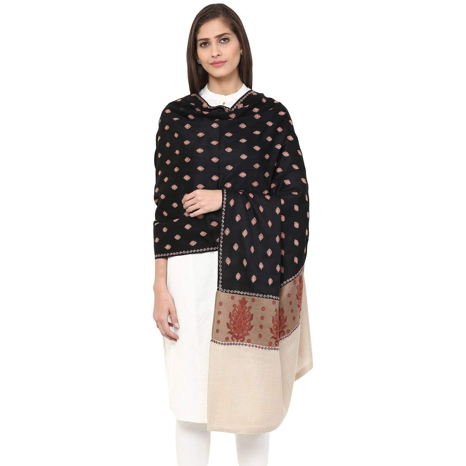 Pashtush India 100x200 Pashtush Women's Kashmiri Embroidery Wool Shawl, Hand Embroidery Shawl with Stitched Contrast Palla