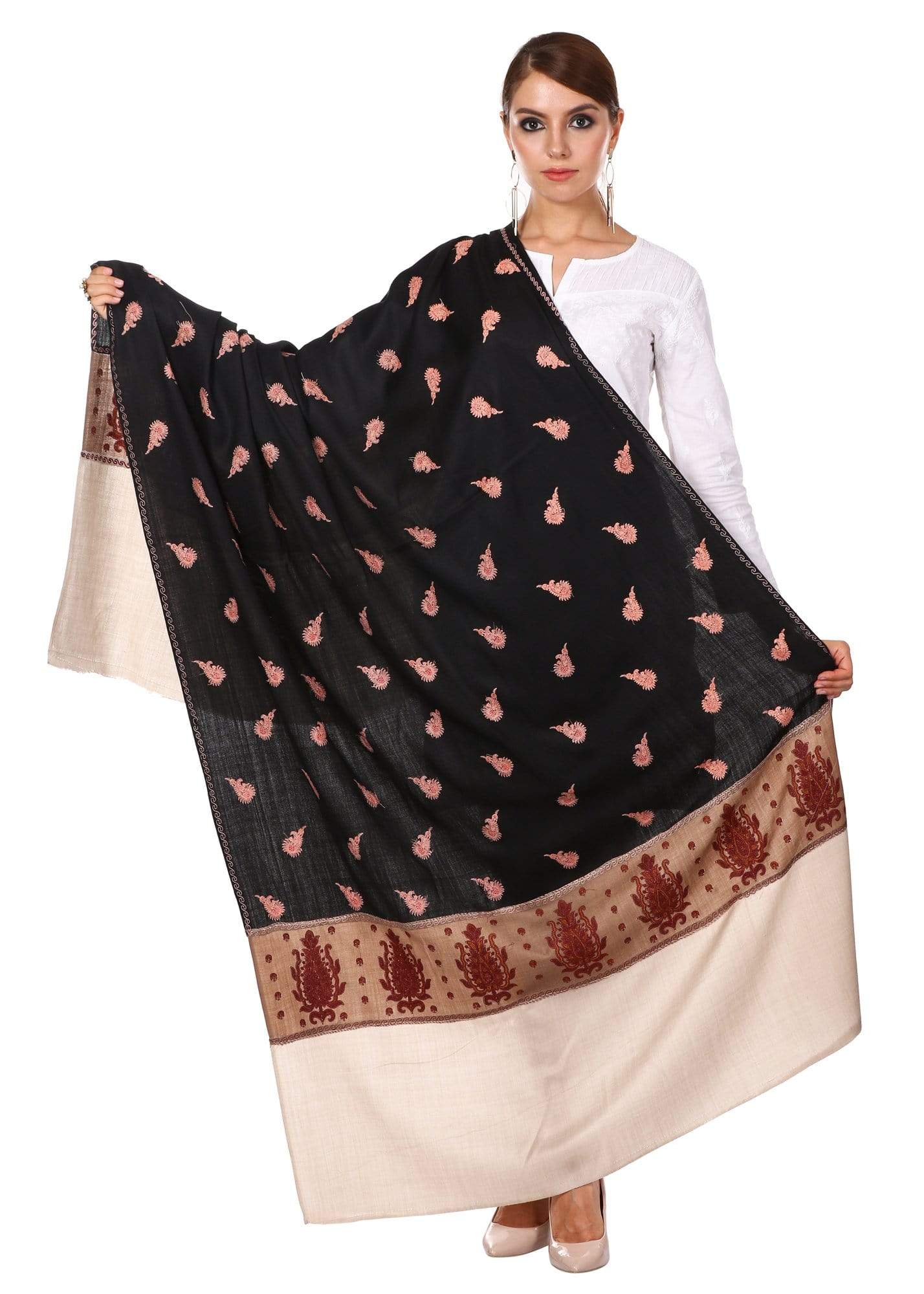 Pashtush India 100x200 Pashtush Women's Kashmiri Embroidery Wool Shawl, Hand Embroidery Shawl with Stitched Contrast Palla