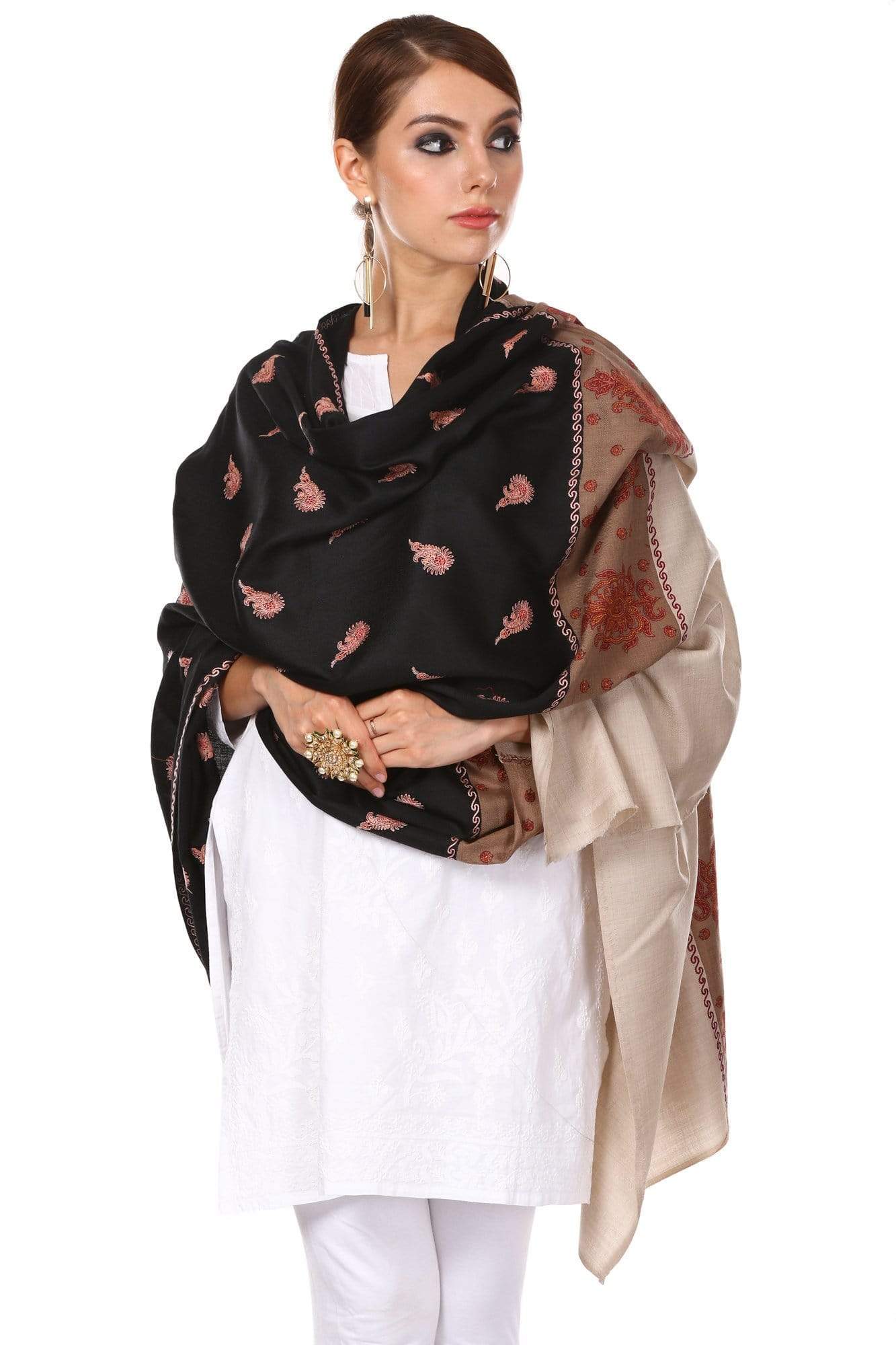 Pashtush India 100x200 Pashtush Women's Kashmiri Embroidery Wool Shawl, Hand Embroidery Shawl with Stitched Contrast Palla
