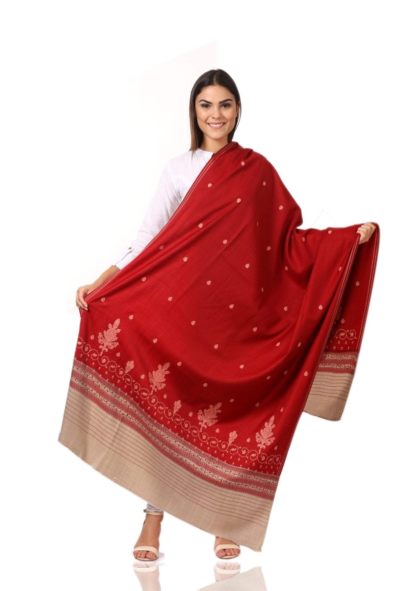Pashtush India 100x200 Pashtush Women's Kashmiri Embroidery Wool Shawl - Maroon