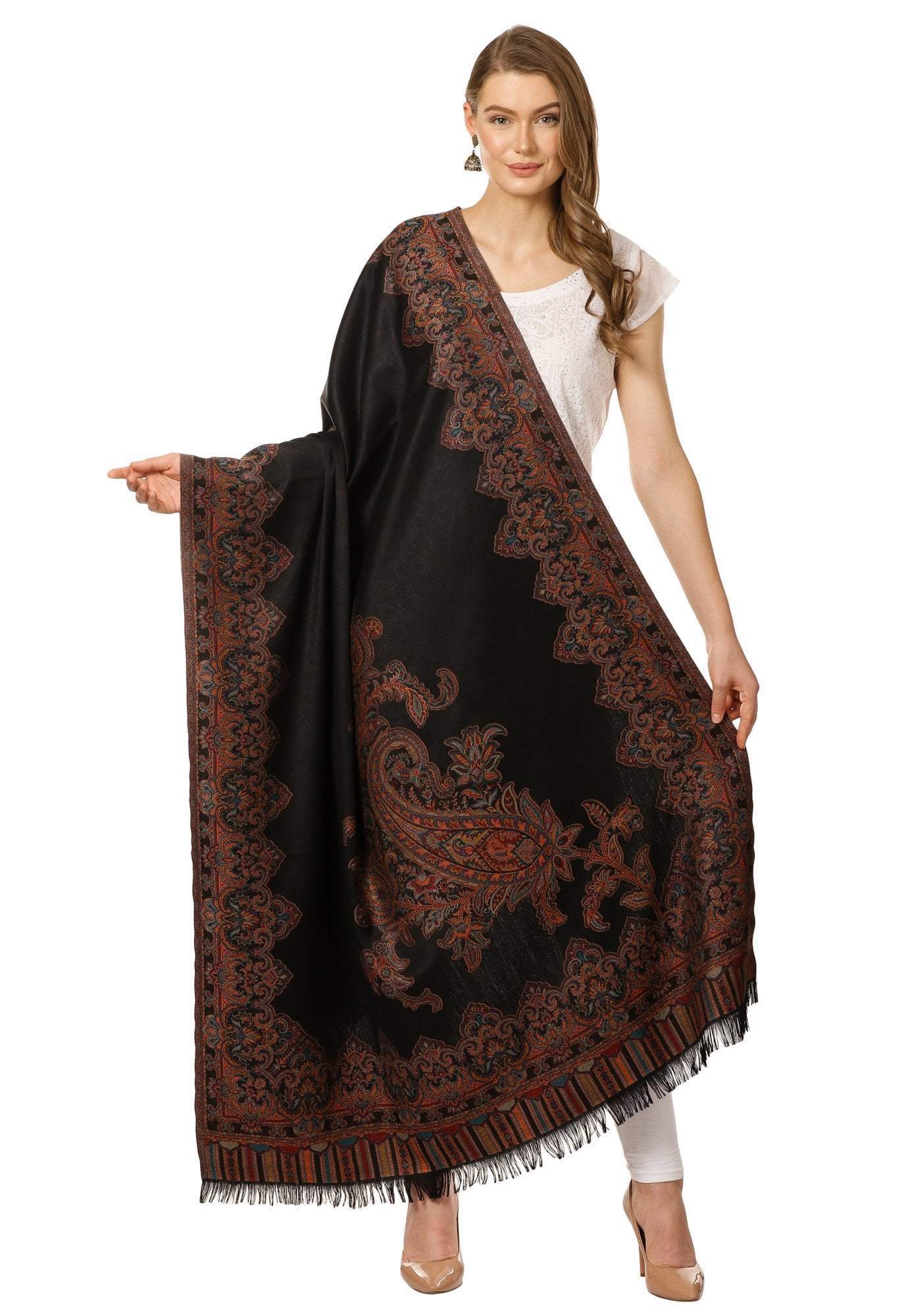 Pashtush India 100x200 Pashtush Women's Kashmiri Jacquard Ambi Shawl, Warm and soft, Faux Pashmina - Black