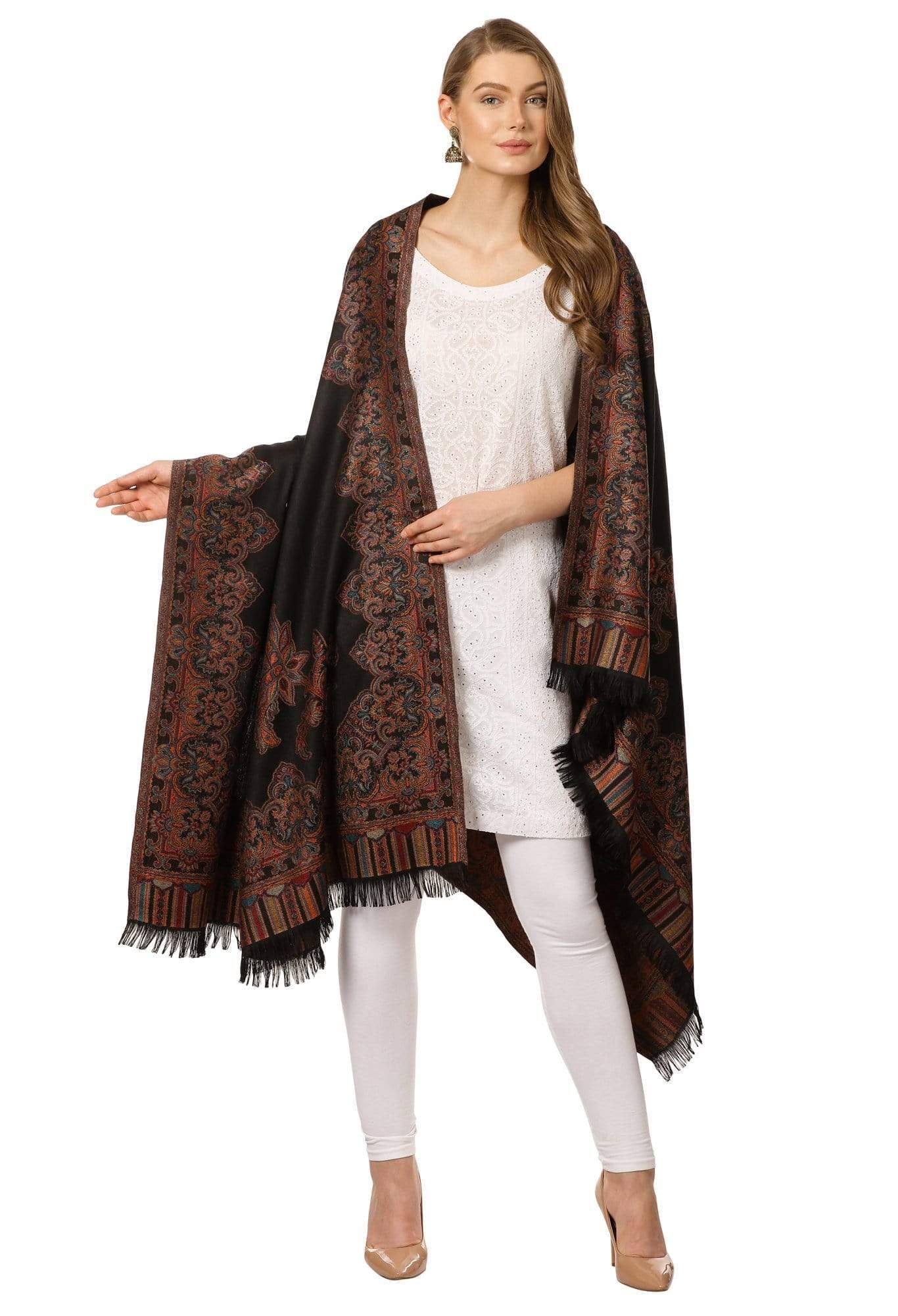 Pashtush India 100x200 Pashtush Women's Kashmiri Jacquard Ambi Shawl, Warm and soft, Faux Pashmina - Black