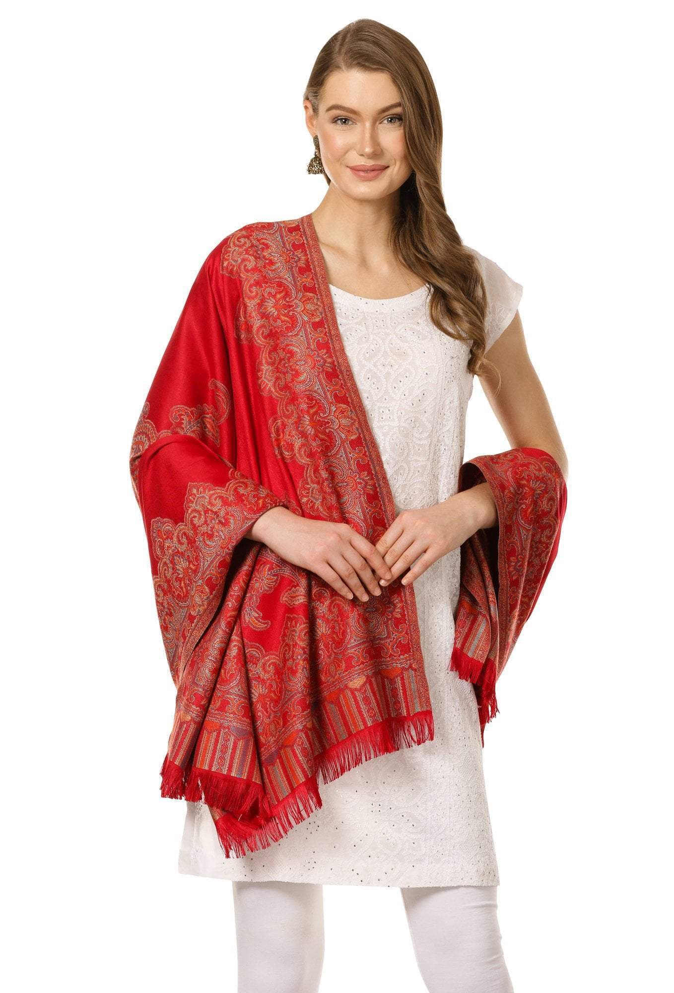Pashtush India 100x200 Pashtush Women's Kashmiri Jacquard Ambi Shawl, Warm and soft, Faux Pashmina - Maroon