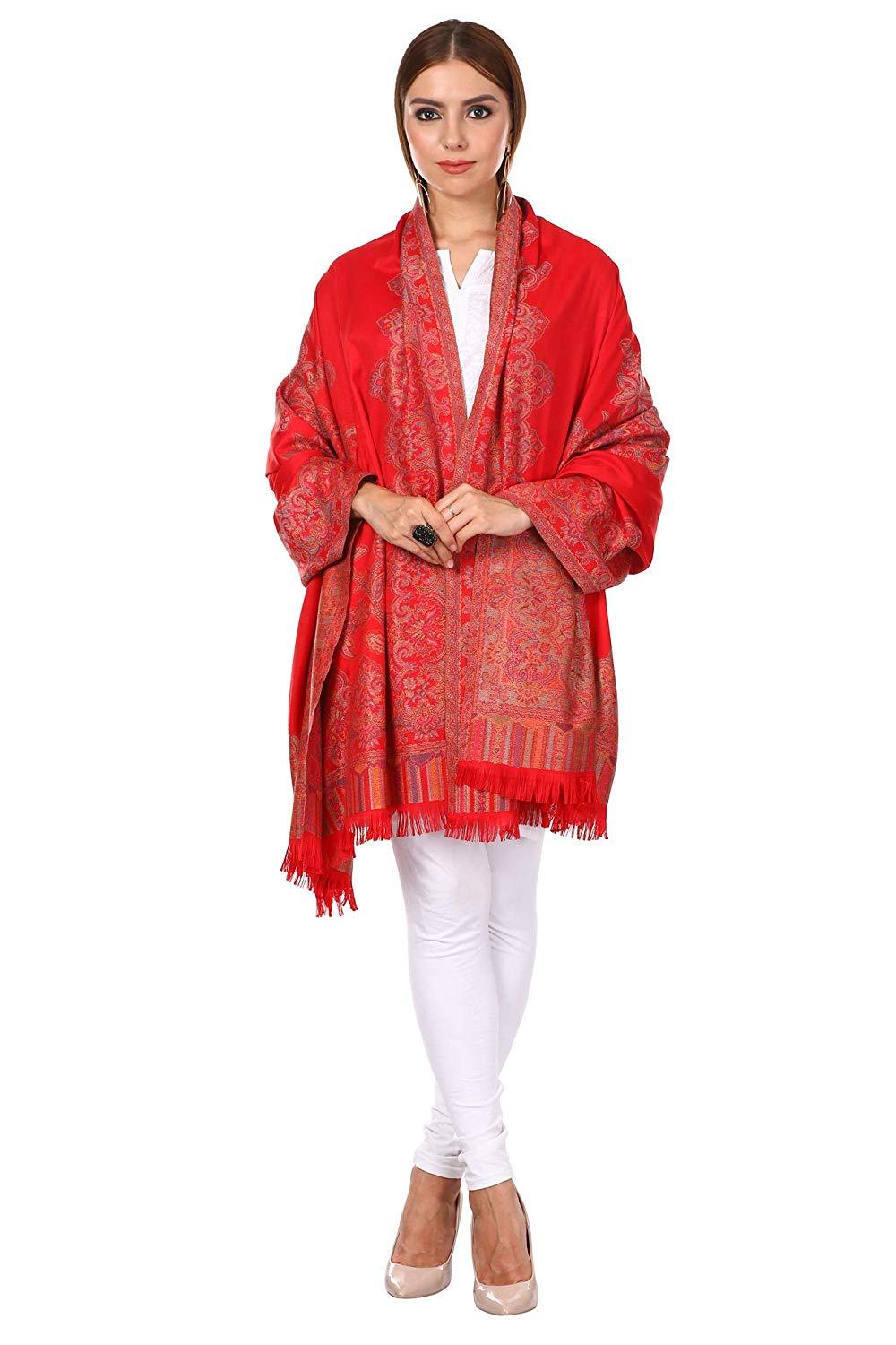 Pashtush India 100x200 Pashtush Women's Kashmiri Jacquard Ambi Shawl, Warm and soft, Faux Pashmina - Maroon