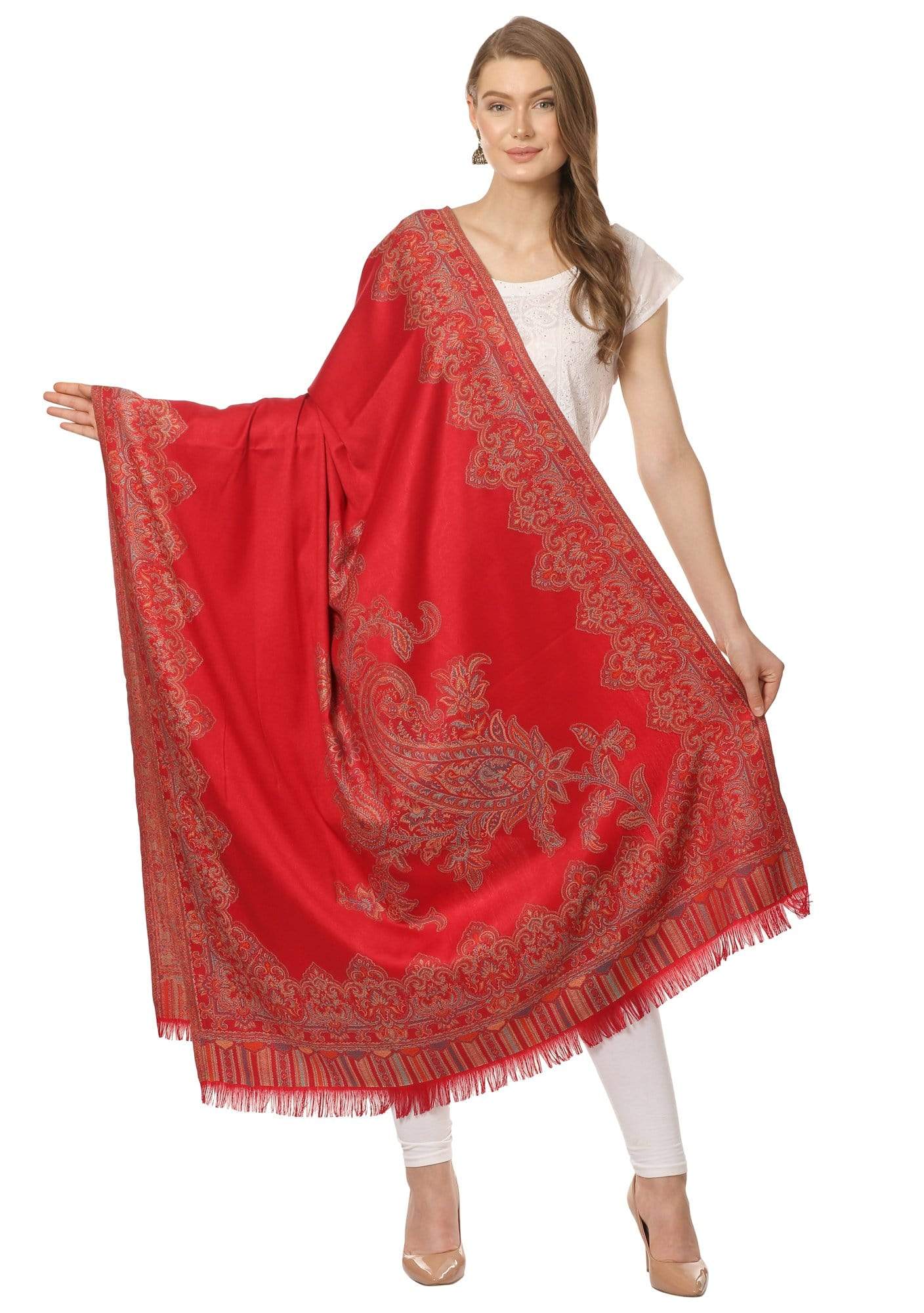 Pashtush India 100x200 Pashtush Women's Kashmiri Jacquard Ambi Shawl, Warm and soft, Faux Pashmina - Maroon