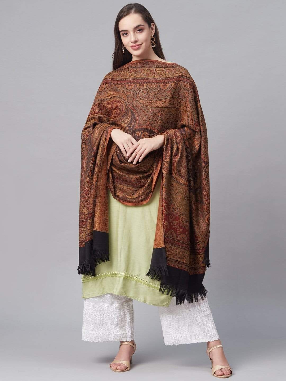 Pashtush India 100x200 PASHTUSH WOMEN'S KASHMIRI JAMAWAR SHAWL, BLACK